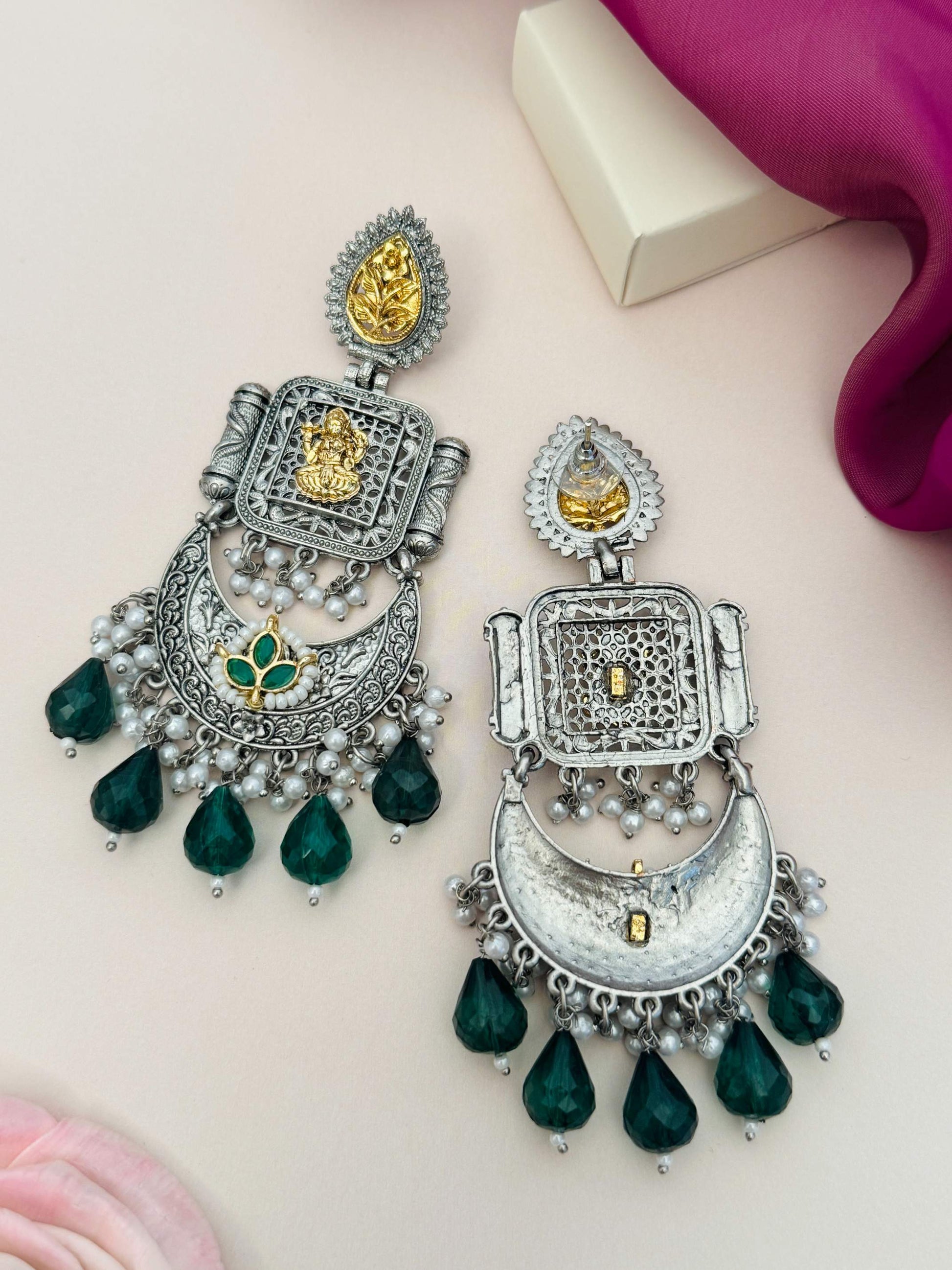 Temple South Indian German Silver Chandbali Earrings with intricate design green bead accents by Abdesignsjewellery