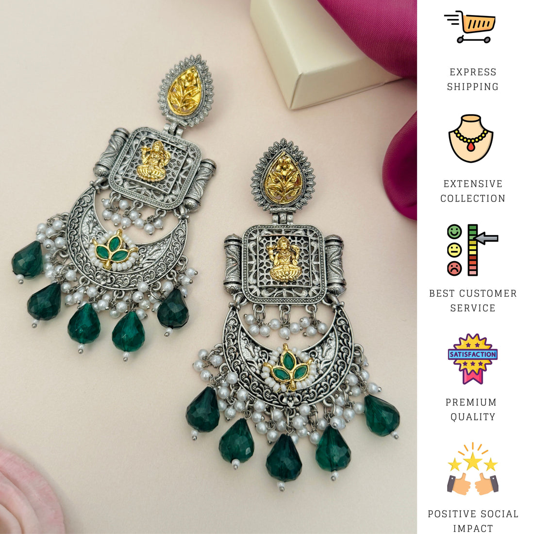 Temple South Indian German Silver Chandbali Earrings by Abdesignsjewellery worn on woman with intricate design and red bead details