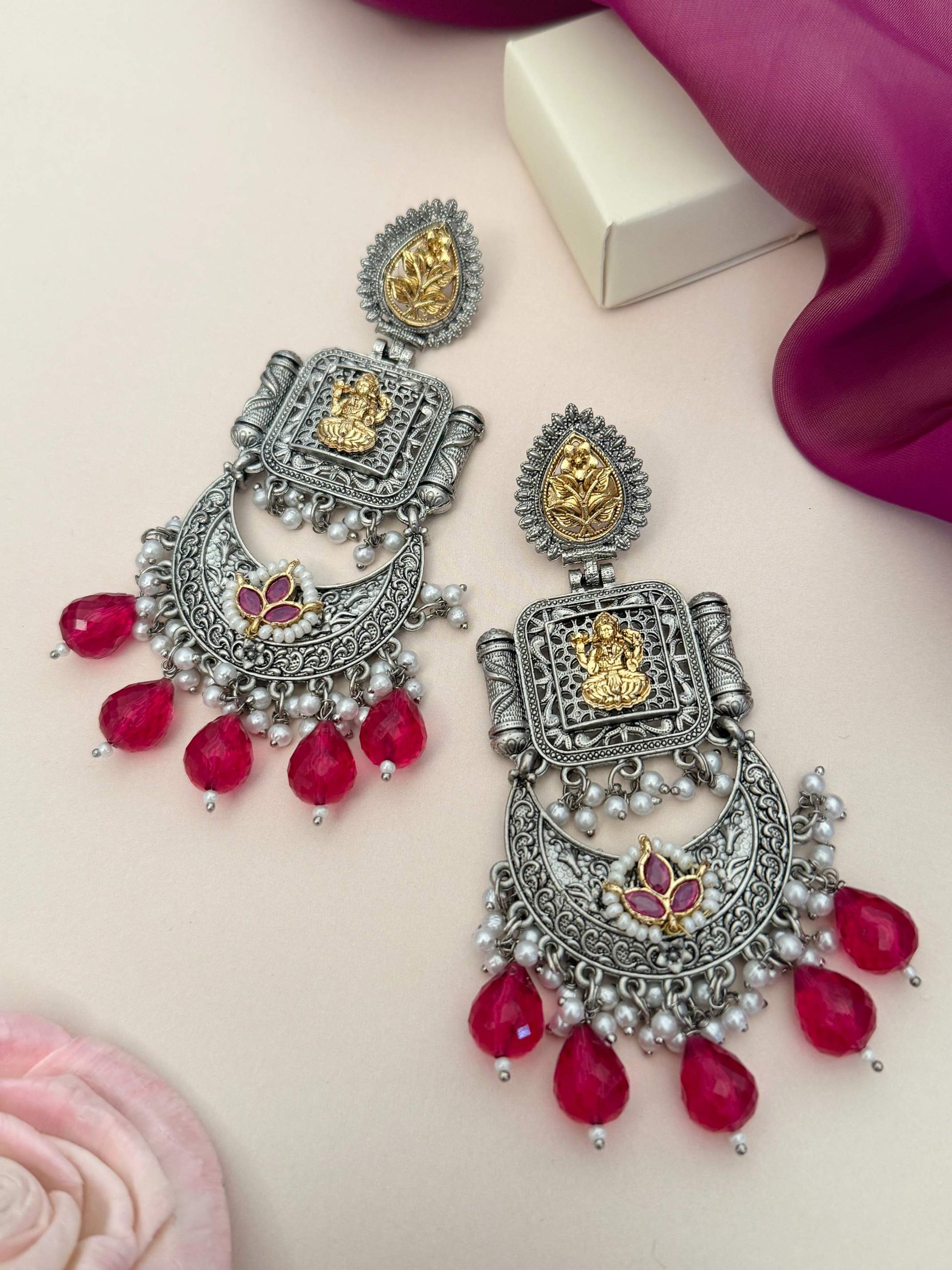 Temple South Indian German Silver Chandbali Earrings with intricate gold accents and red bead drops by Abdesignsjewellery