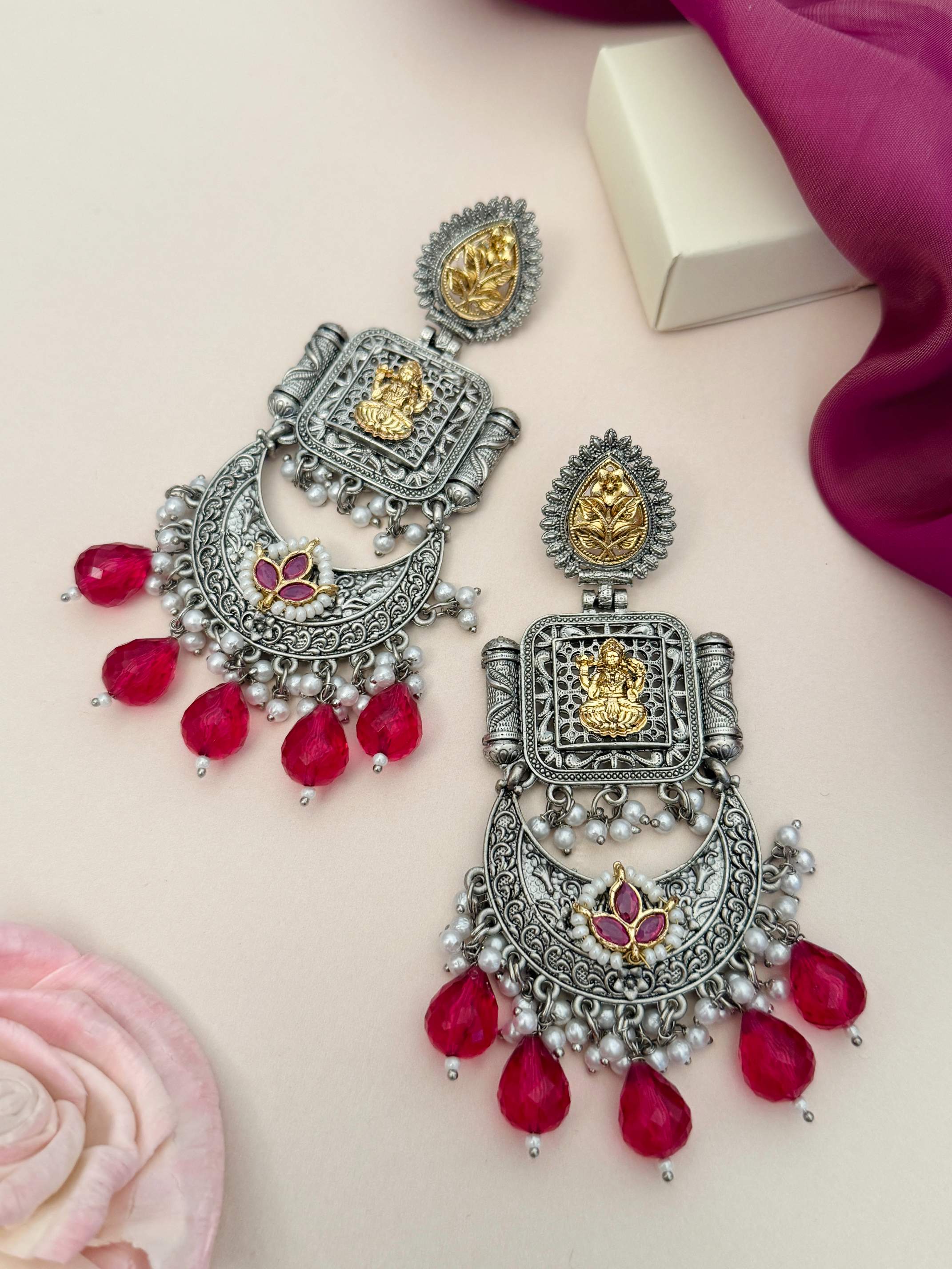 Temple South Indian German Silver Chandbali Earrings with intricate gold accents and red teardrop beads