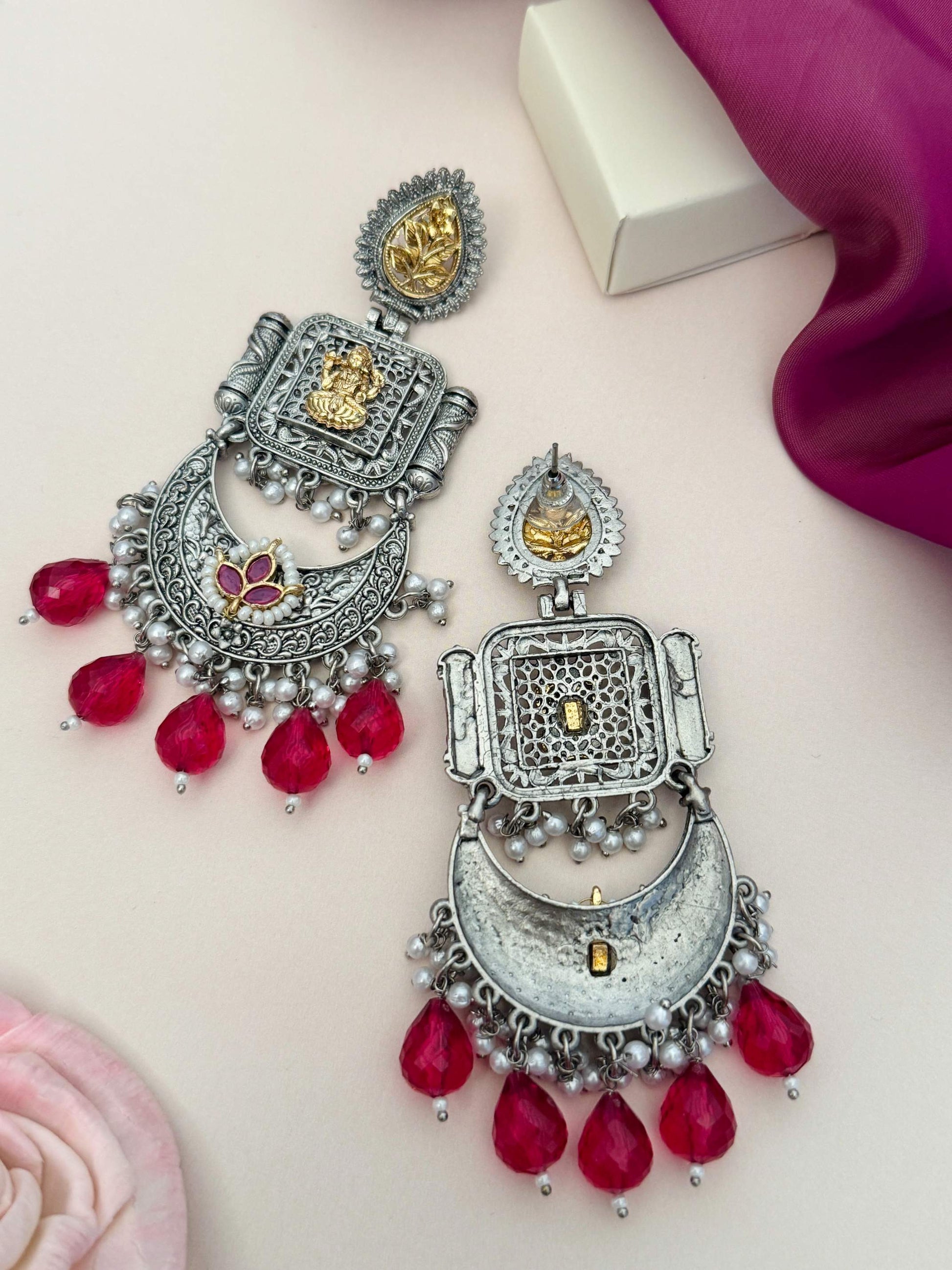 Temple South Indian German Silver Chandbali Earrings by Abdesignsjewellery with intricate design and red bead accents
