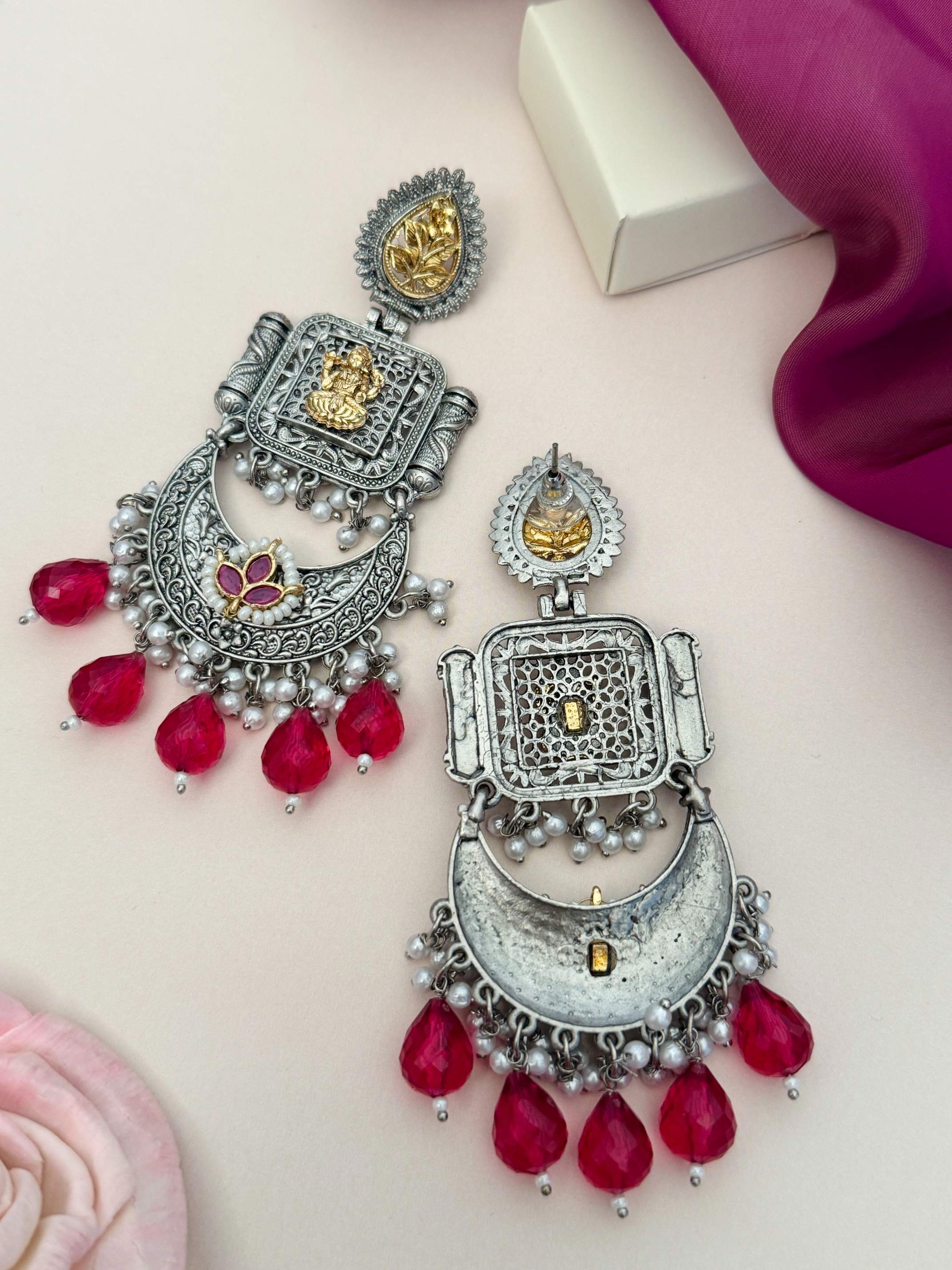 Temple South Indian German Silver Chandbali Earrings by Abdesignsjewellery with intricate design and red bead accents