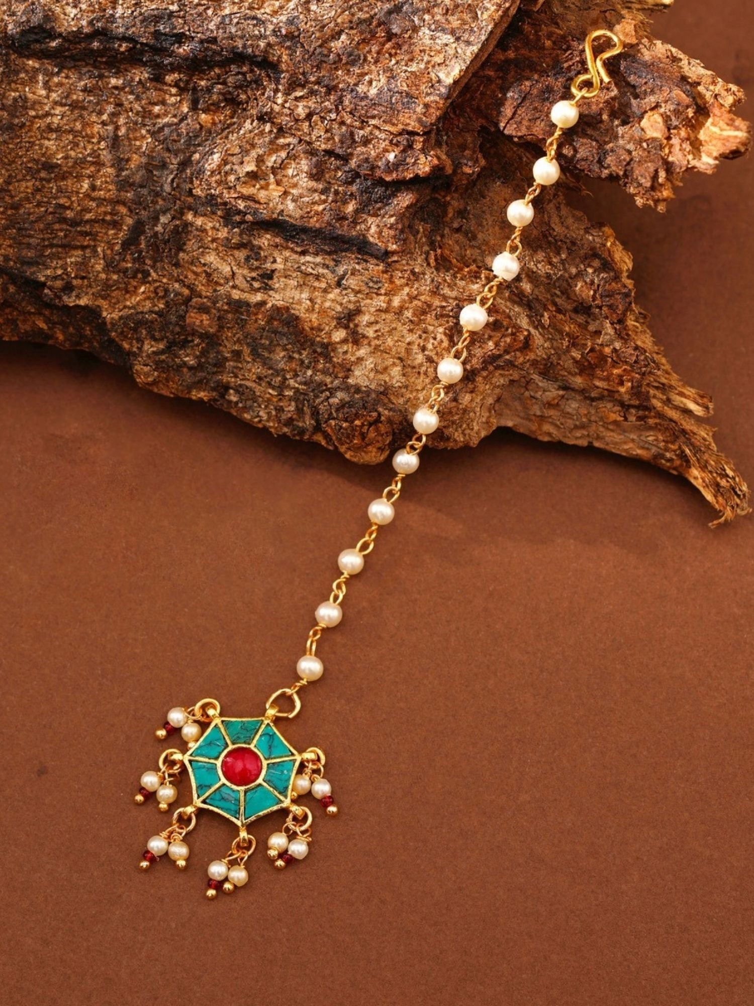 Traditional gold maangtikka with pearl chain and colorful gemstone pendant by Abdesignsjewellery