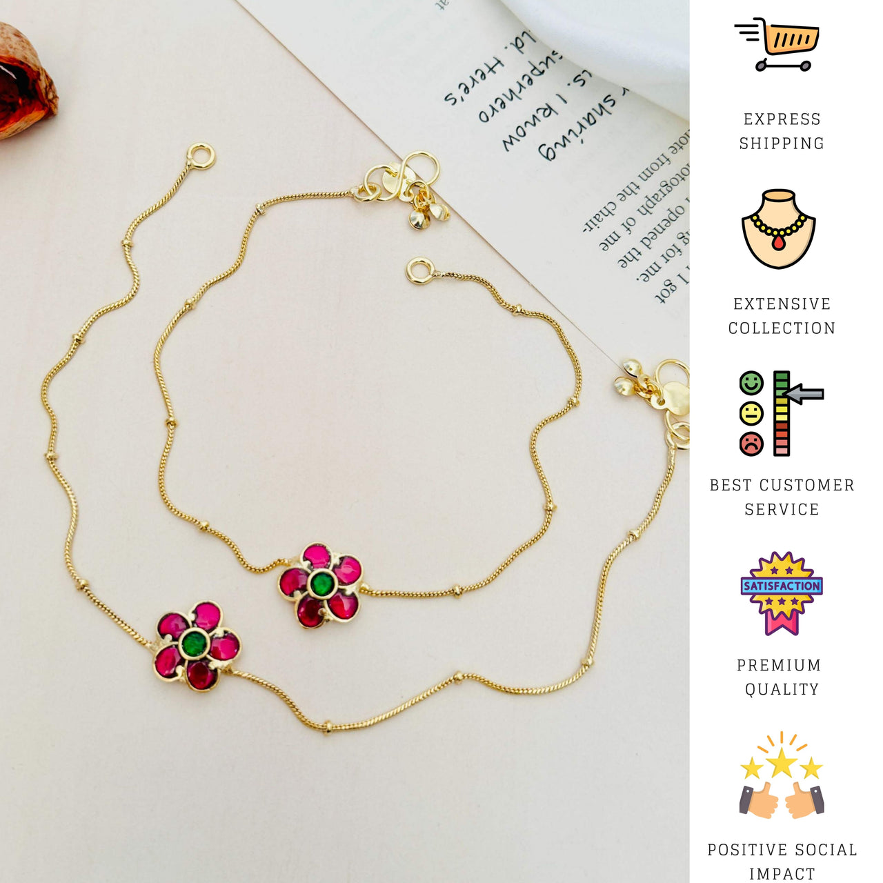 Combo set of Traditional Gold Plated Paachi Jadau Kundan Anklets with floral design and colorful stones