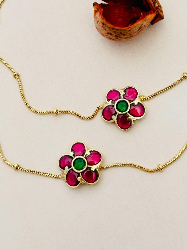 Traditional Gold Plated Paachi Jadau Kundan Anklets with floral design and pink green stones combo by Abdesignsjewellery