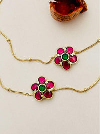 Thumbnail for Traditional Gold Plated Paachi Jadau Kundan Anklets with floral design and pink green stones combo by Abdesignsjewellery