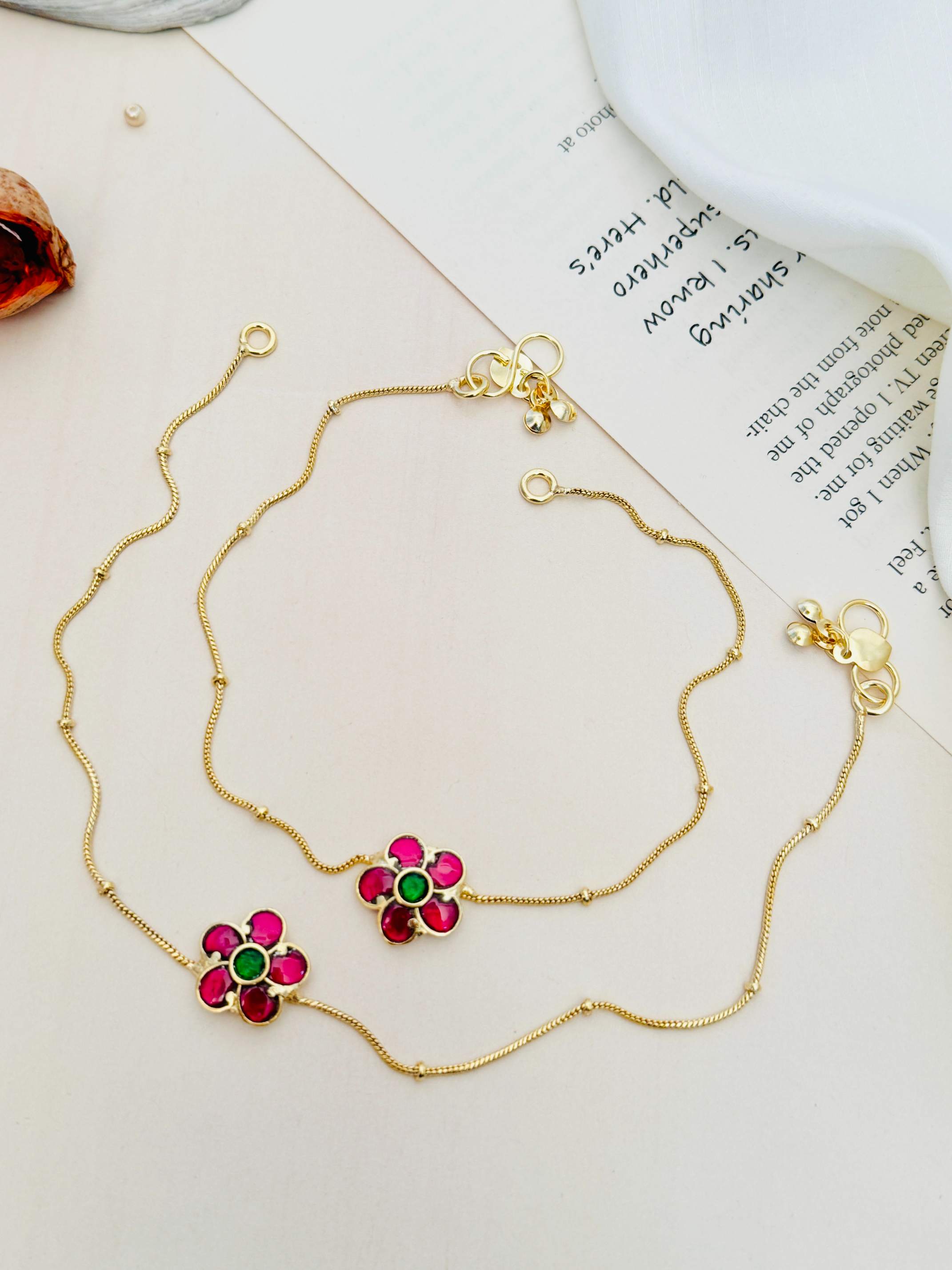 Traditional Gold Plated Paachi Jadau Kundan Anklets with floral design and colorful stones by Abdesignsjewellery