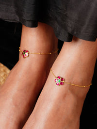 Thumbnail for Traditional Gold Plated Paachi Jadau Kundan Anklets with floral design worn on feet