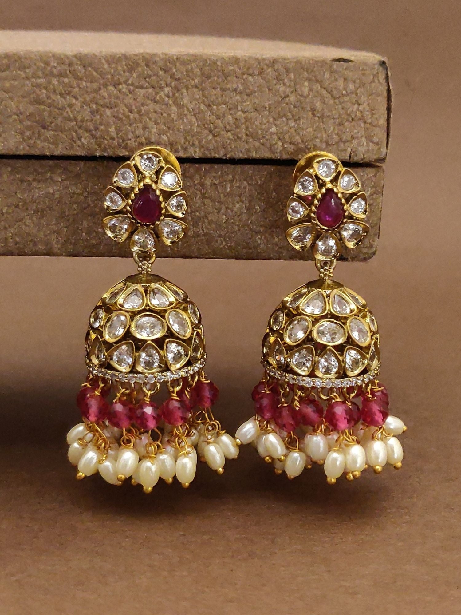 Abdesignsjewellery traditional south Indian wedding earrings gold jhumka with white stones and red beads