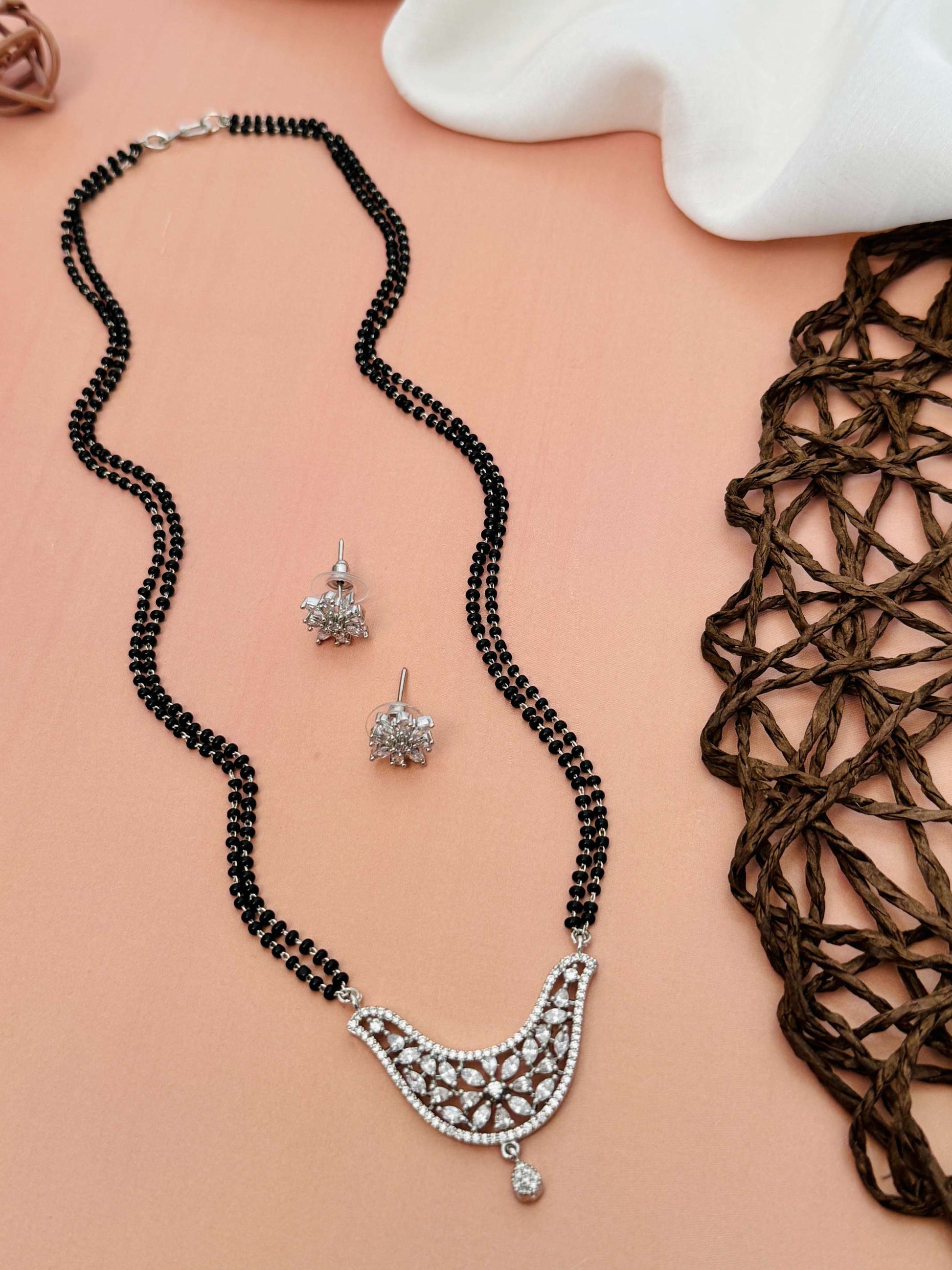 Unique American Diamond Mangalsutra Set with black beads and silver pendant by Abdesignsjewellery