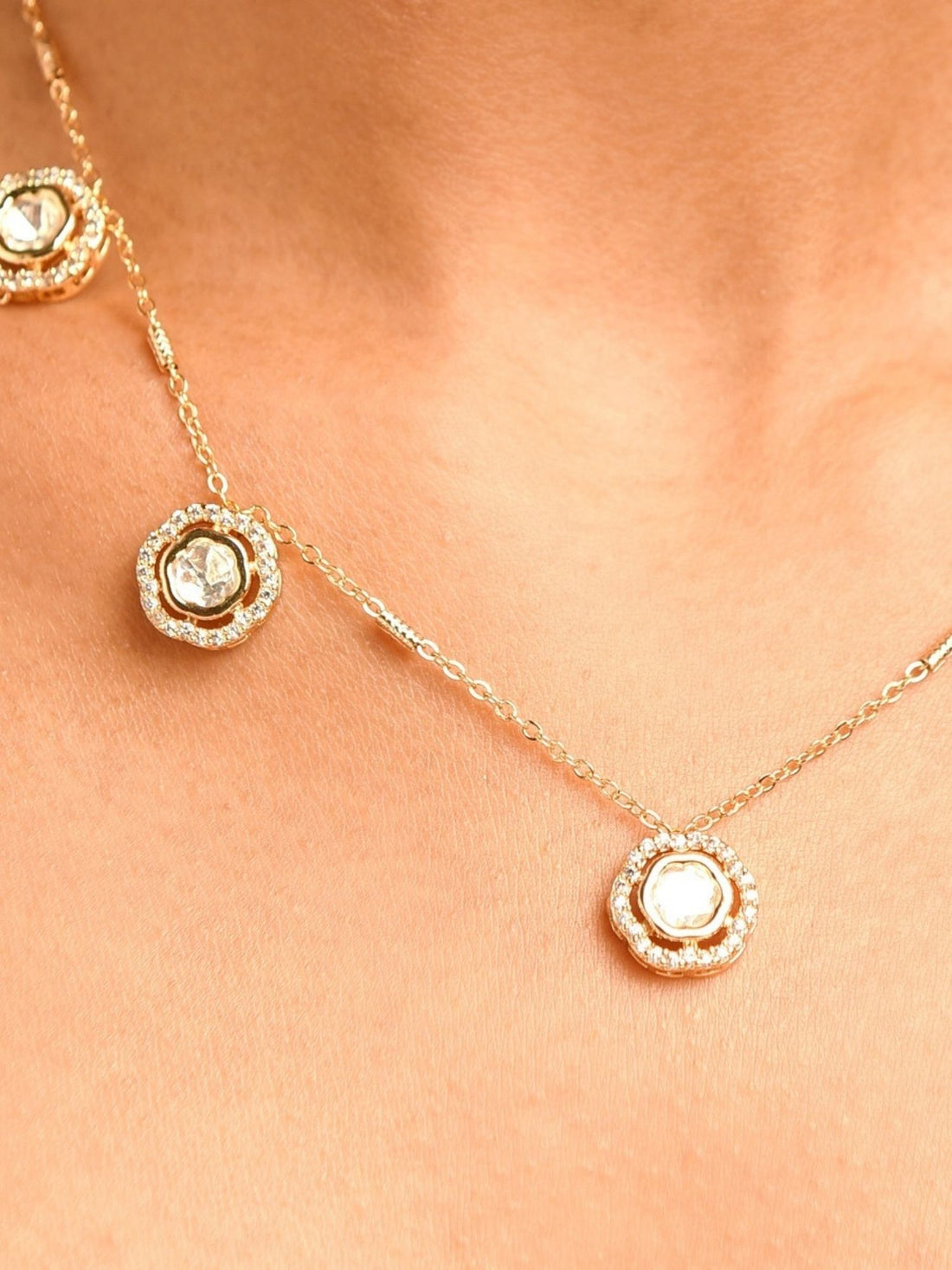 Unique Gold Plated Uncut Polki Pendant Chain worn by woman with elegant design and delicate gold finish