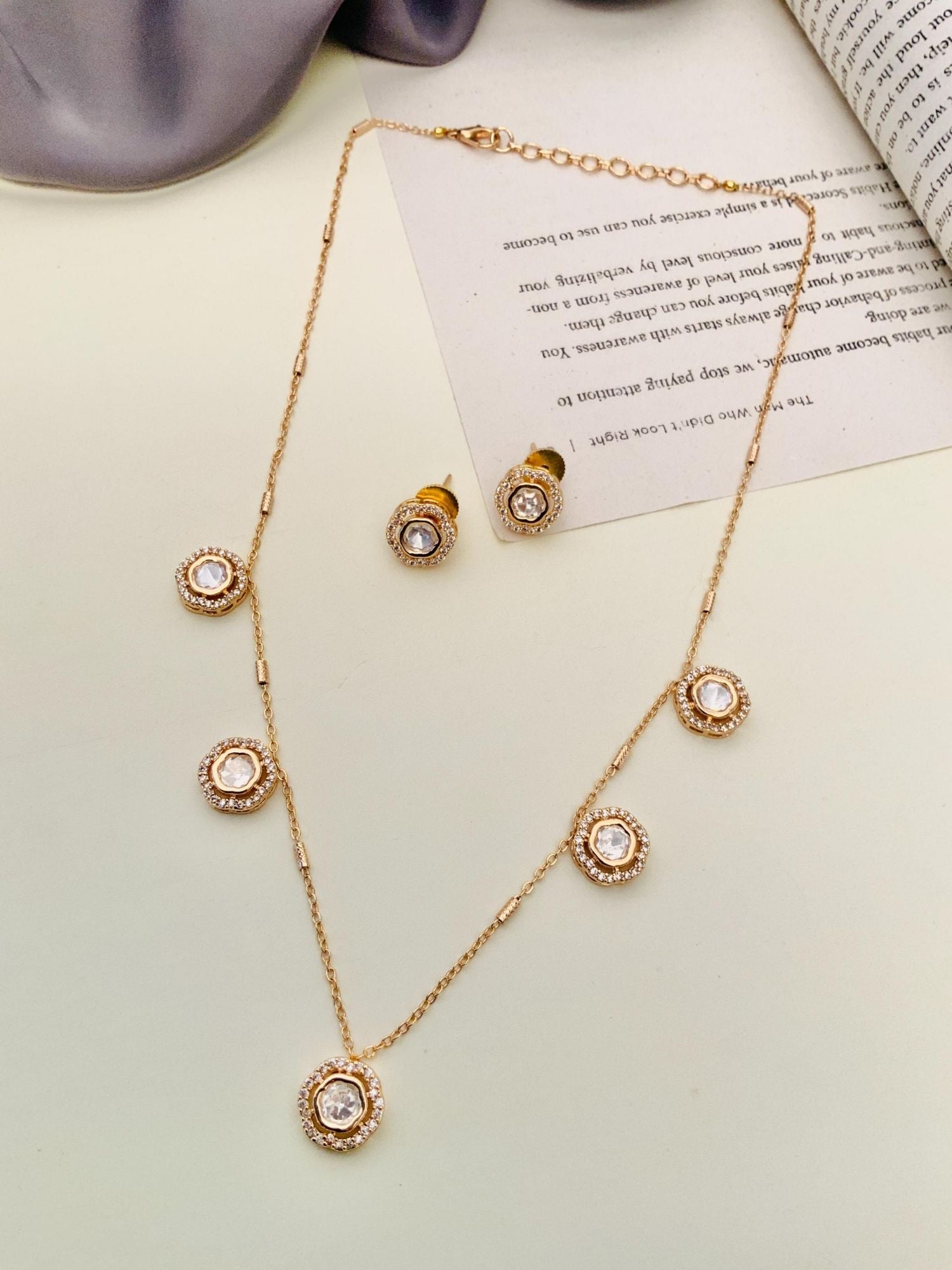 Unique Gold Plated Uncut Polki Pendant Chain with matching earrings by Abdesignsjewellery