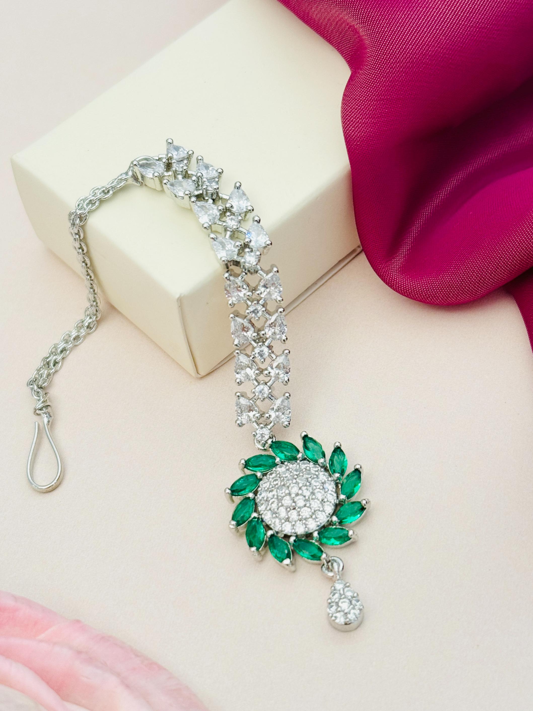 Unique Silver Plated American Diamond Maangtikka with green and clear stones by Abdesignsjewellery