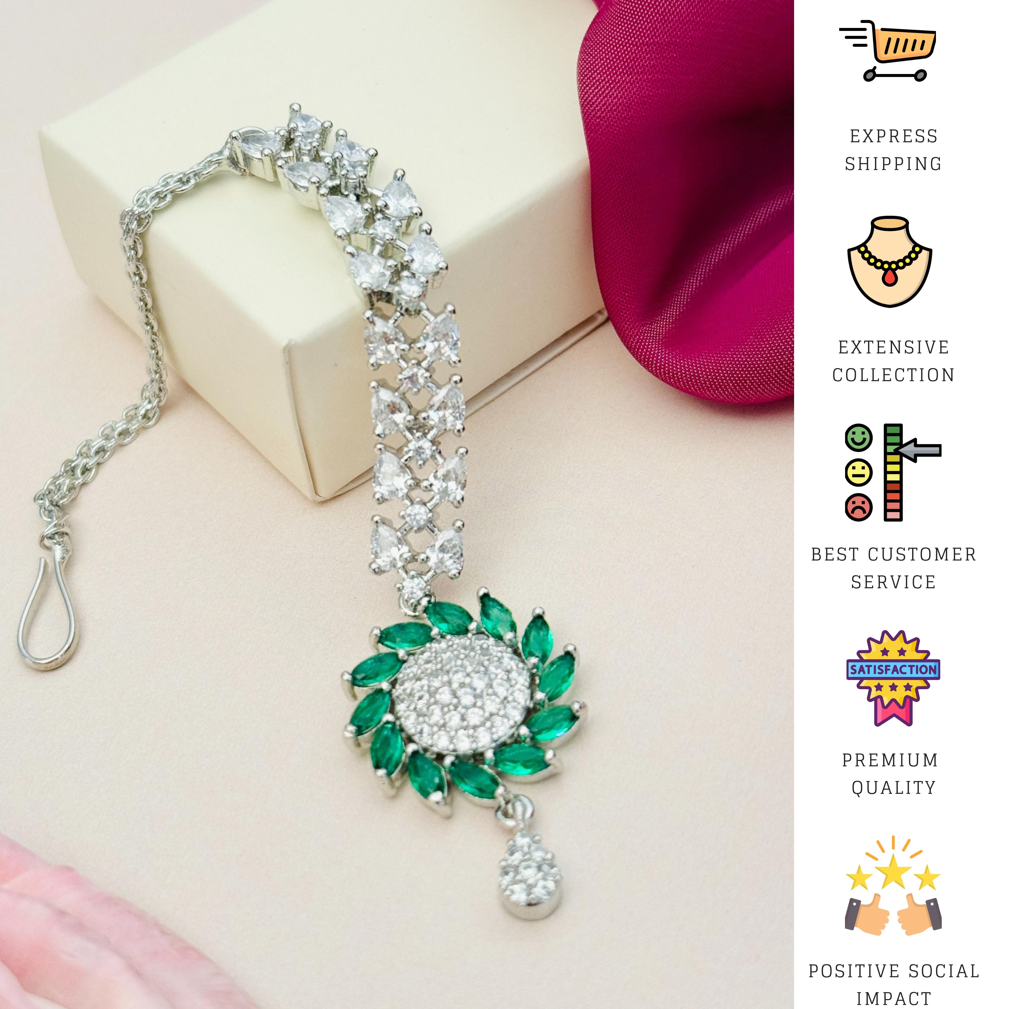 Unique Silver Plated American Diamond Maangtikka with green stone floral design by Abdesignsjewellery