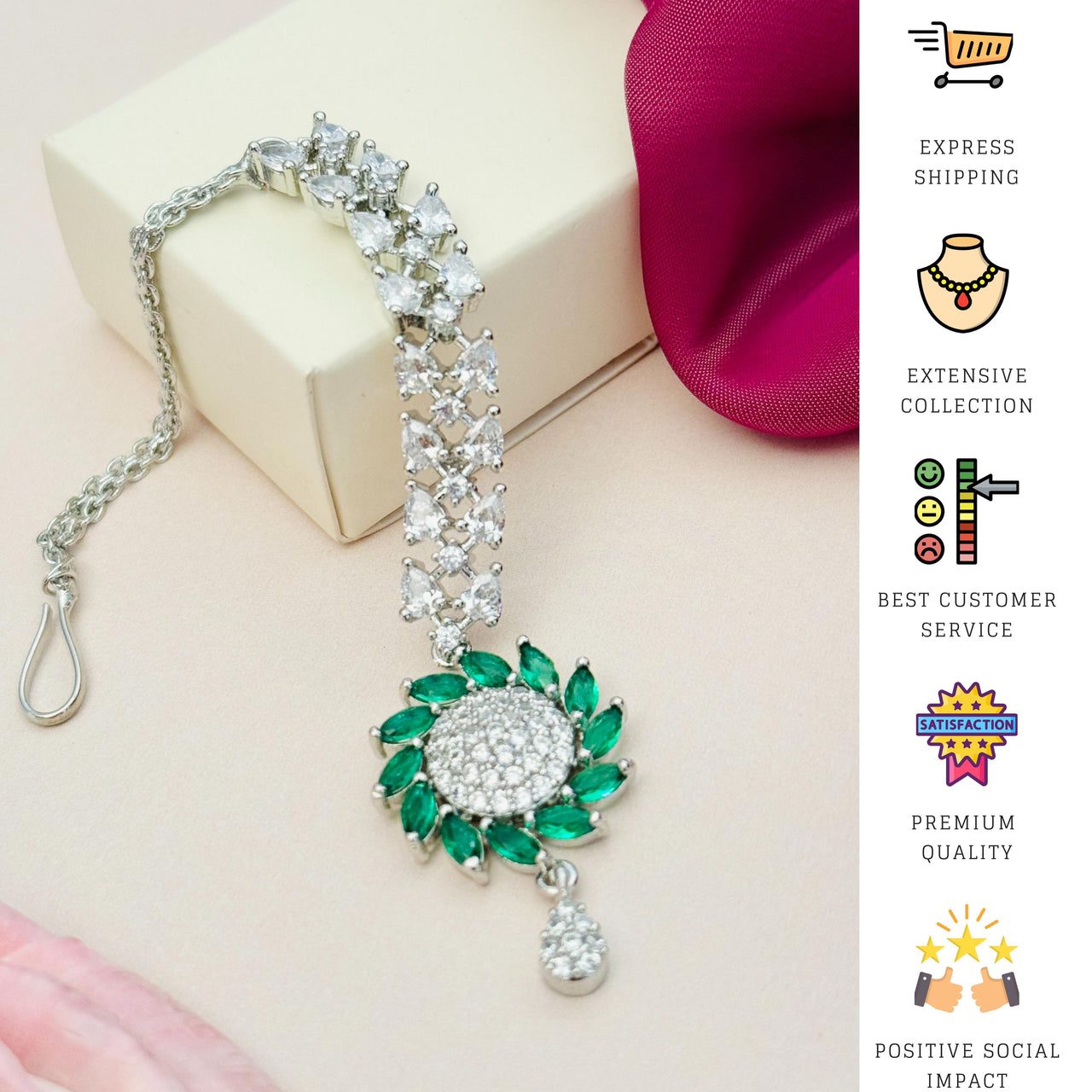 Unique Silver Plated American Diamond Maangtikka with green stone floral design by Abdesignsjewellery