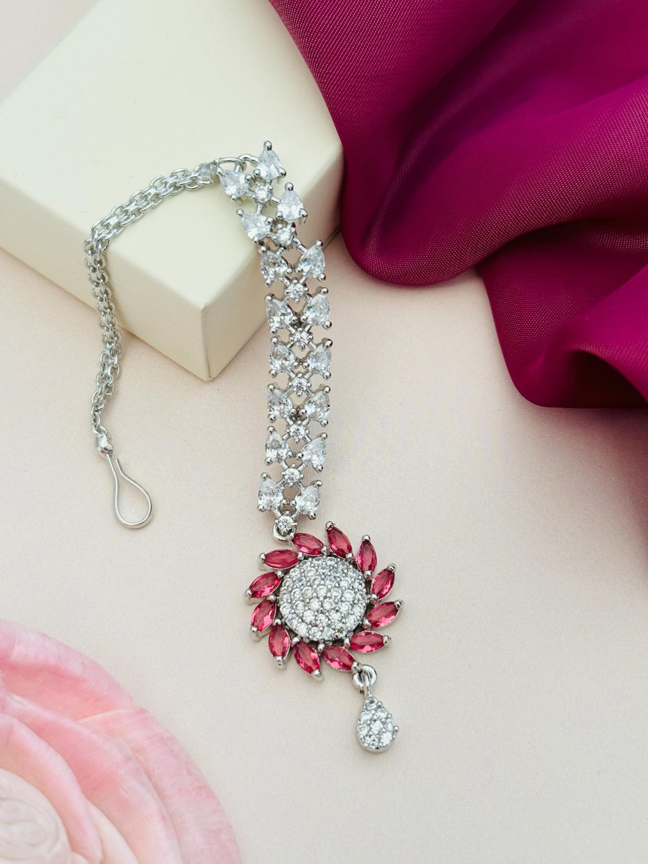 Unique Silver Plated American Diamond Maangtikka with red and clear stones by Abdesignsjewellery