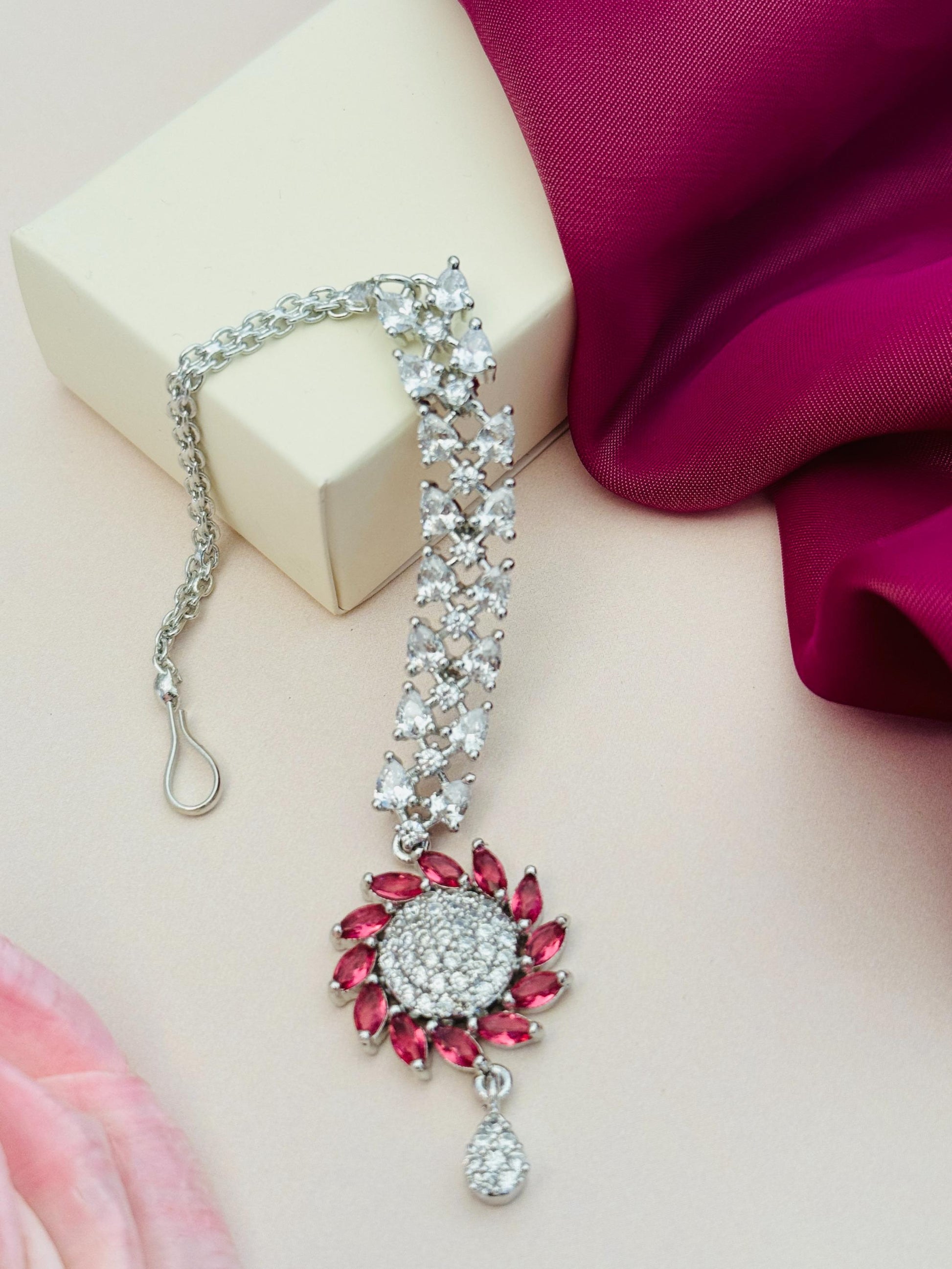 Unique Silver Plated American Diamond Maangtikka with red stone floral design by Abdesignsjewellery