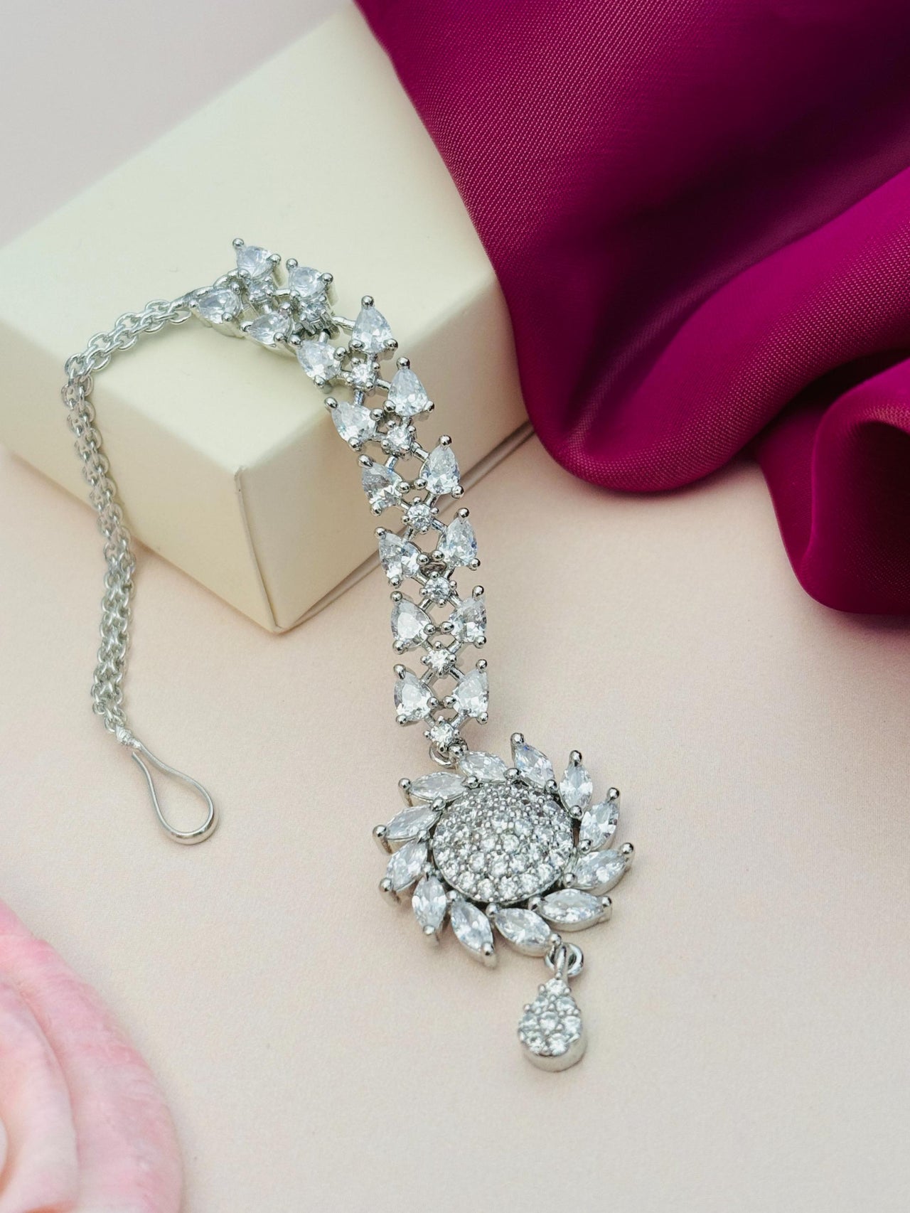 Unique Silver Plated American Diamond Maangtikka with floral design and intricate stone detailing