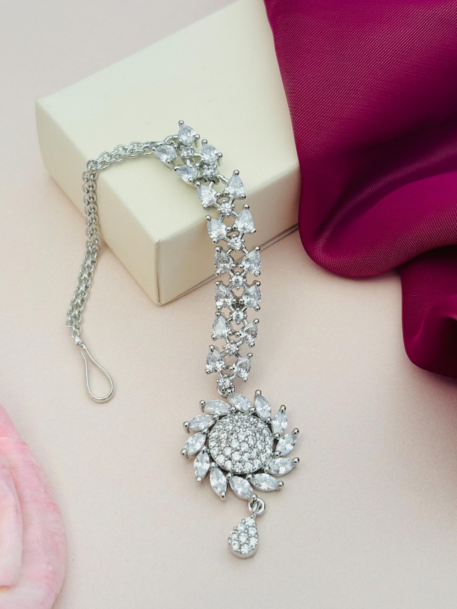 Unique Silver Plated American Diamond Maangtikka with intricate floral design by Abdesignsjewellery