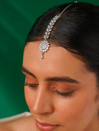 Thumbnail for Unique Silver Plated American Diamond Maangtikka worn on forehead with intricate design by Abdesignsjewellery