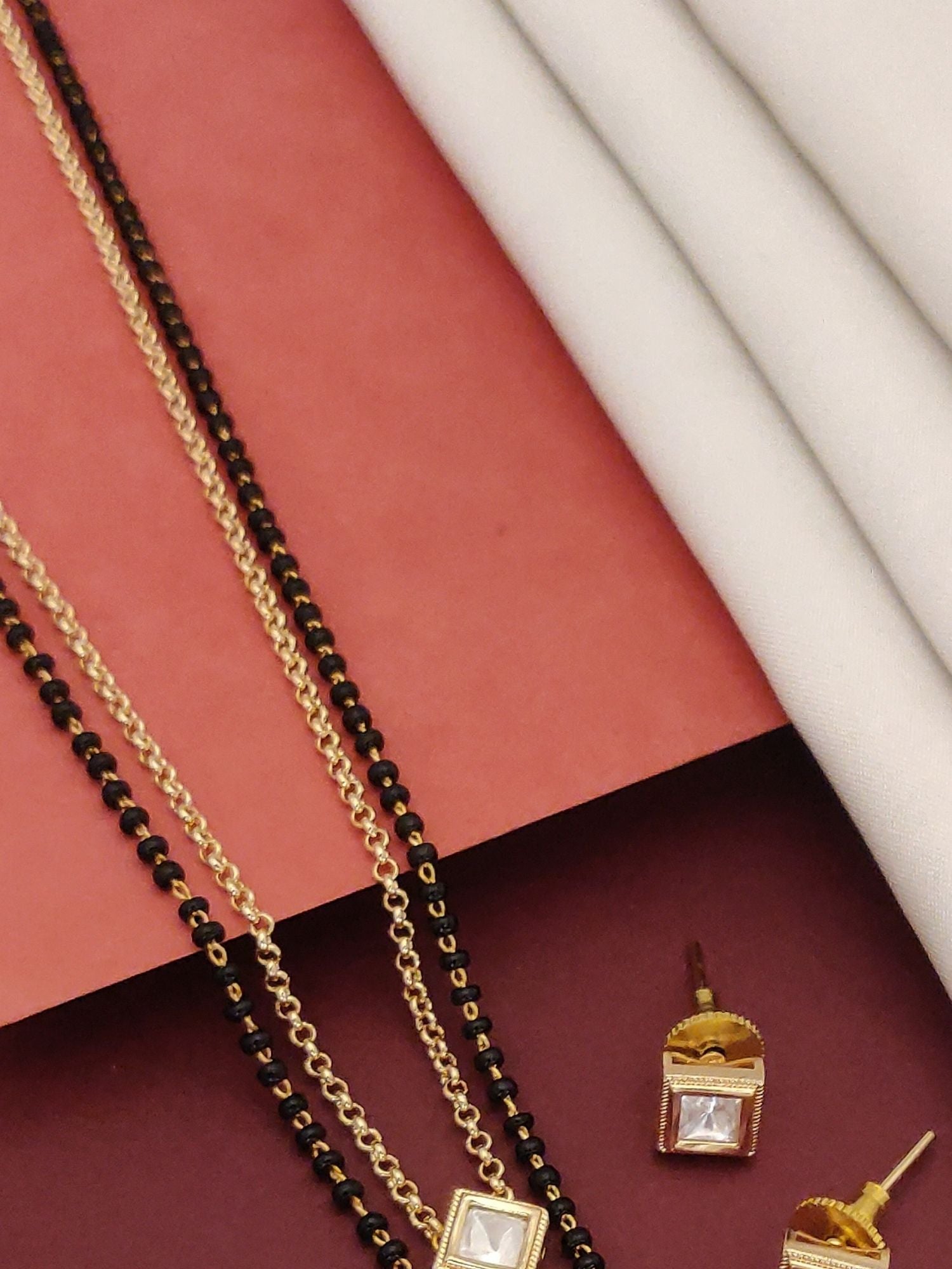 Gold Plated Dual Layer Polki Mangalsutra Set with black beads and square stone pendant from Abdesignsjewellery
