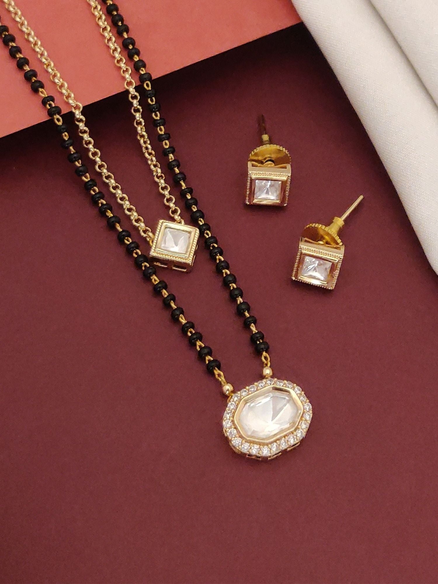 Gold Plated Dual Layer Polki Mangalsutra Set with matching square polki earrings by Abdesignsjewellery