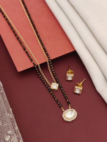 Gold Plated Dual Layer Polki Mangalsutra Set with black beads and matching earrings from Abdesignsjewellery