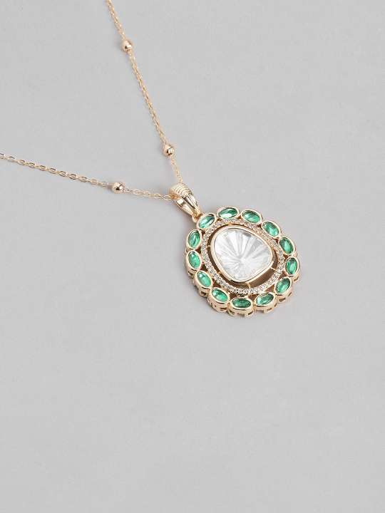 Gold Plated Navratna Pendant Chain Combo with green gemstones and clear center stone on gold chain