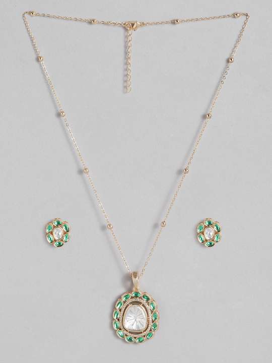 Gold Plated Navratna Pendant Chain Combo with green and white stones by Abdesigns