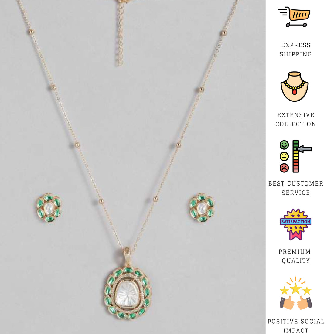 Gold Plated Navratna Pendant Chain Combo worn by woman with black off-shoulder top from Abdesignsjewellery