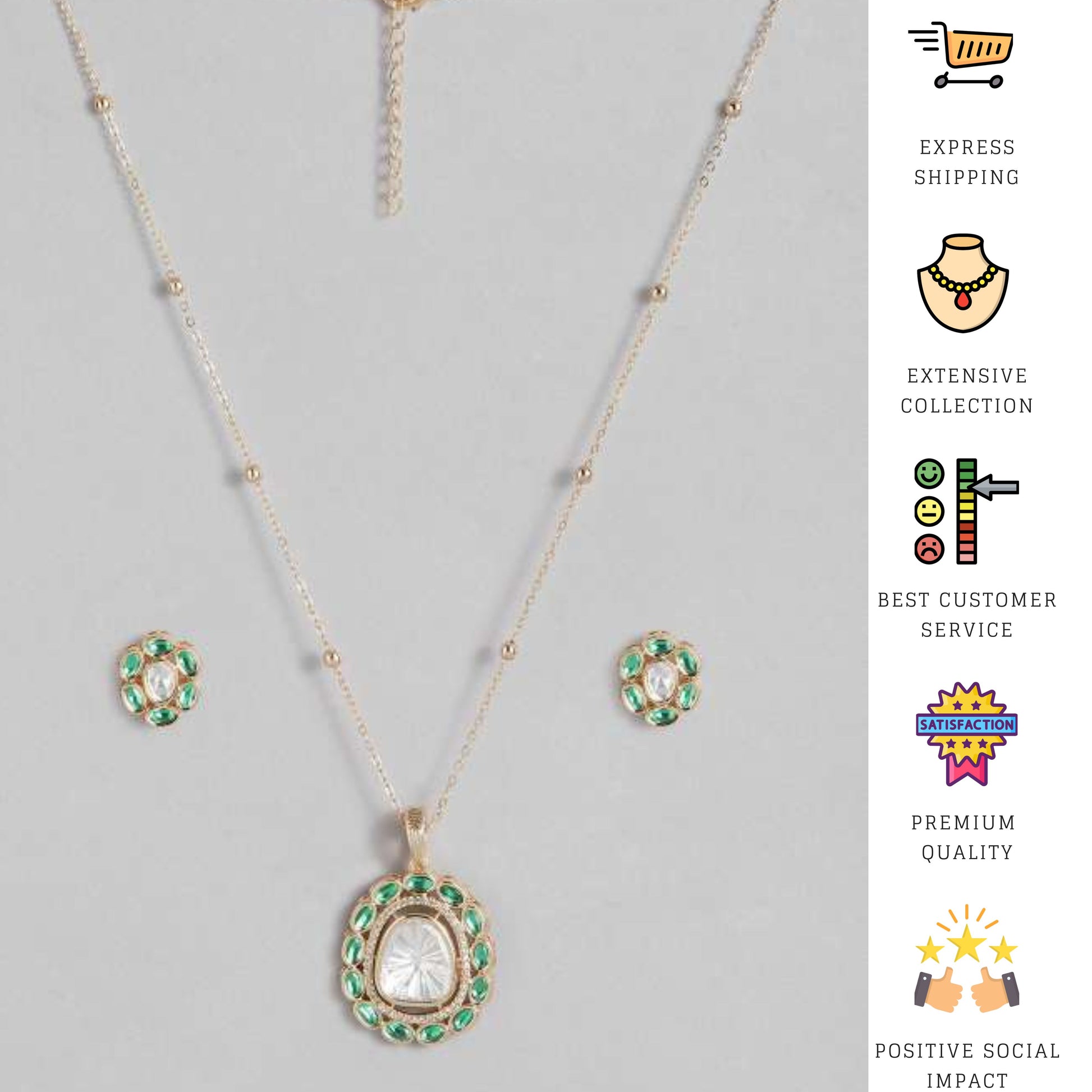 Gold Plated Navratna Pendant Chain Combo with green and white stones by Abdesignsjewellery