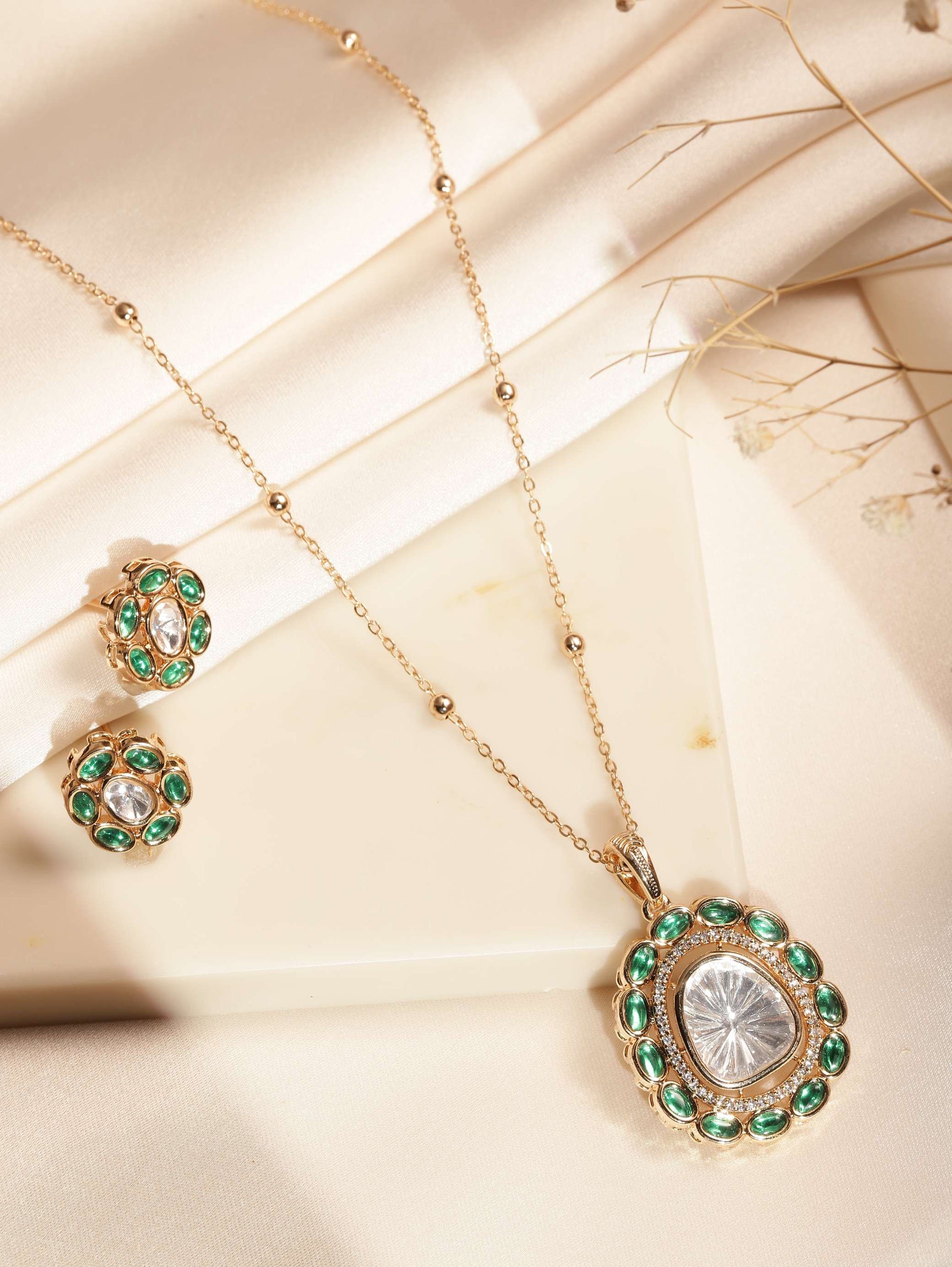 Gold Plated Navratna Pendant Chain Combo with green and clear stones from Abdesignsjewellery