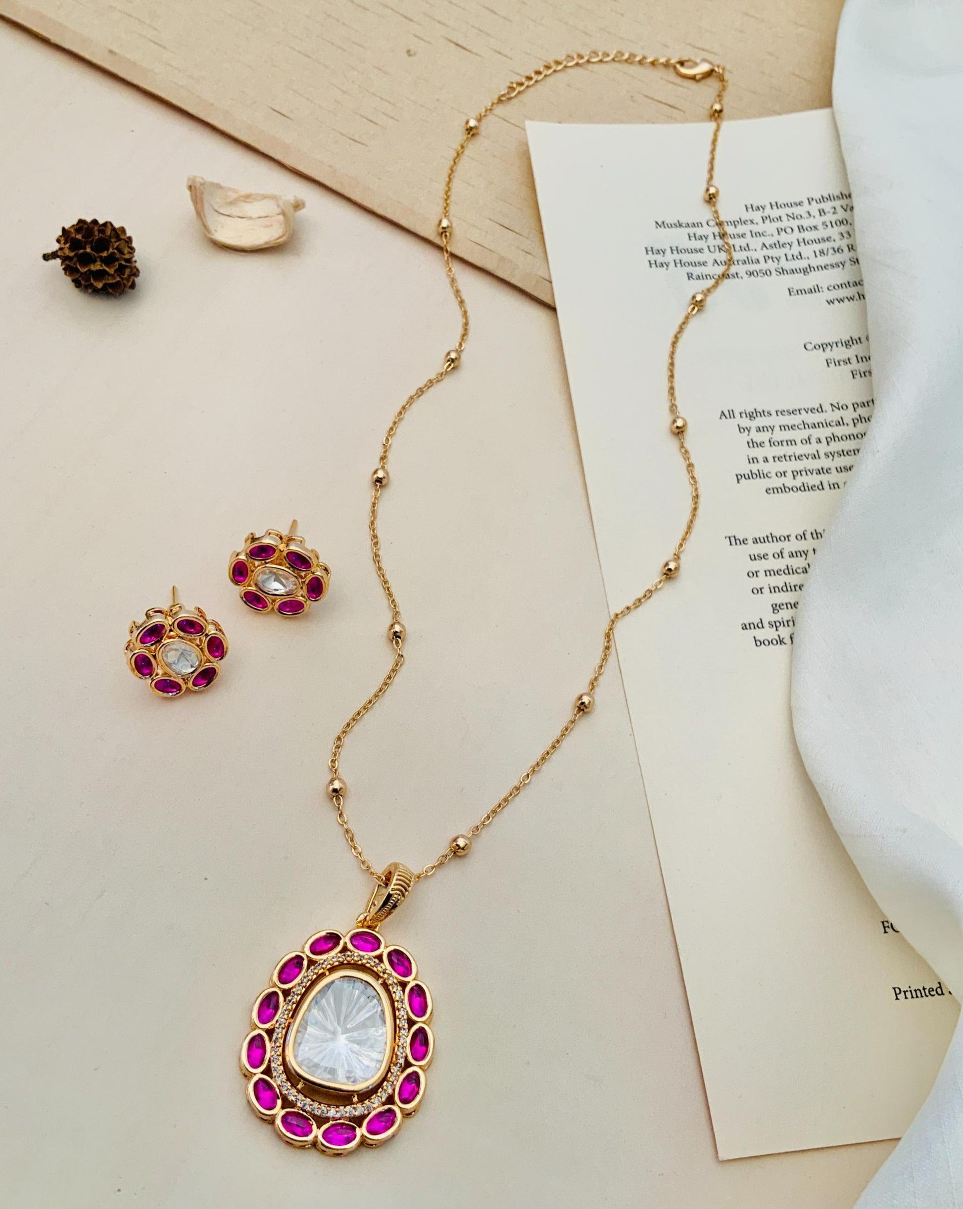 Gold Plated Navratna Pendant Chain Combo with pink and white stones by Abdesignsjewellery