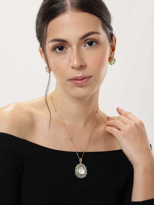 Gold Plated Navratna Pendant Chain Combo worn by woman with black off-shoulder top from Abdesignsjewellery
