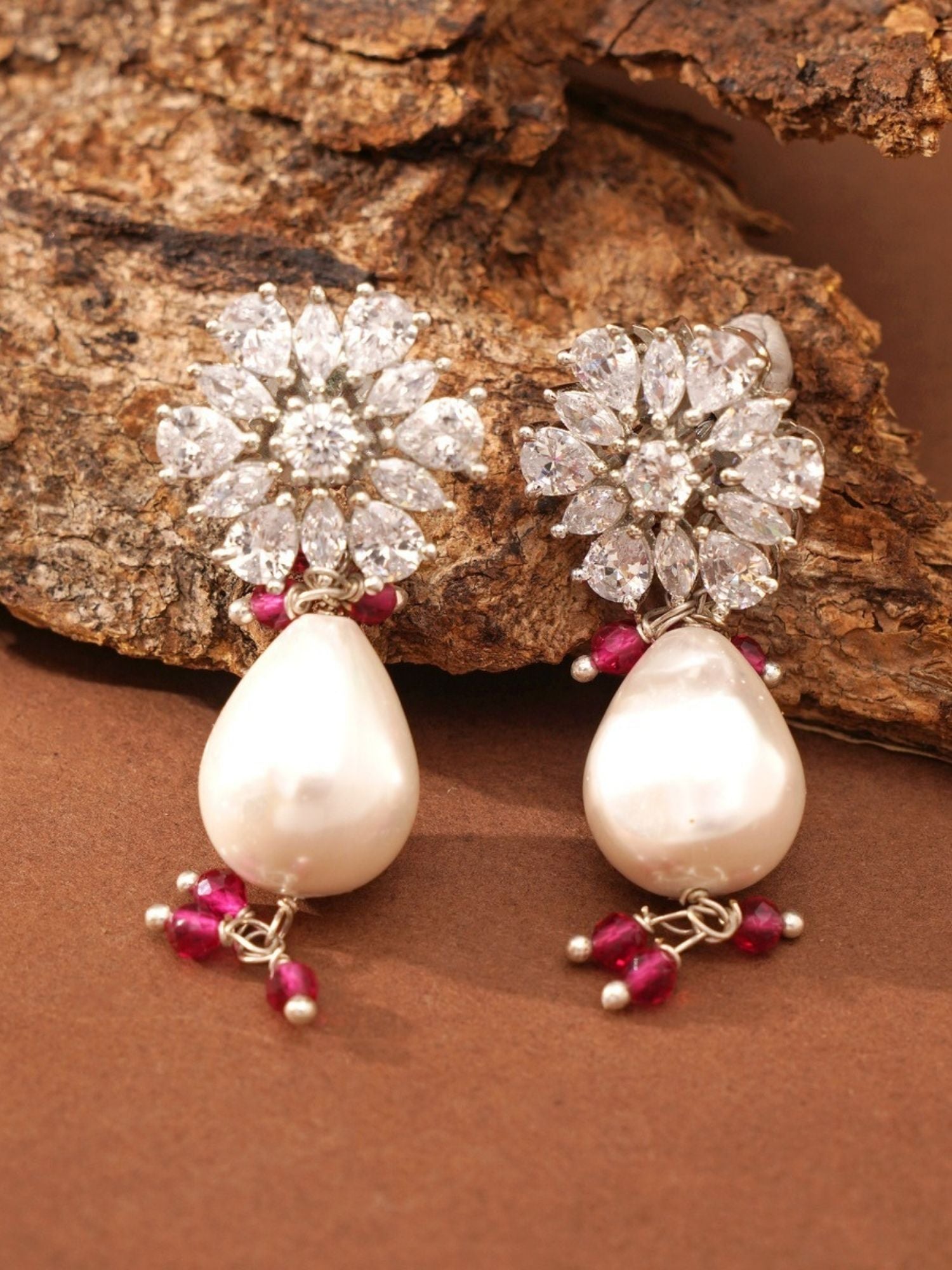 Vibrant Silver Plated Long Crystal Baroque Pearl Mala Set earrings with white pearls and ruby red beads