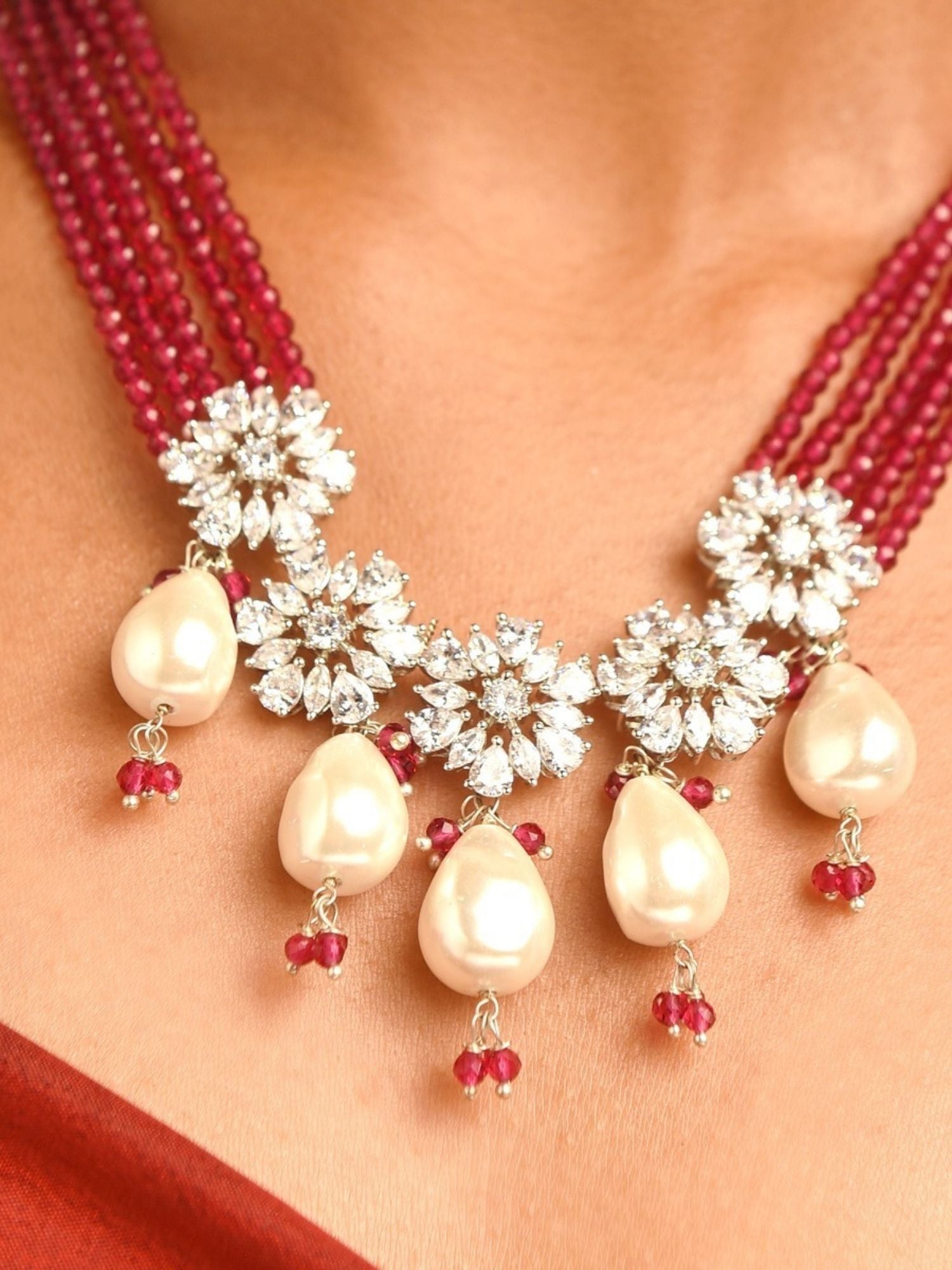 Vibrant Silver Plated Long Crystal Baroque Pearl Mala Set with red beads and floral crystal accents