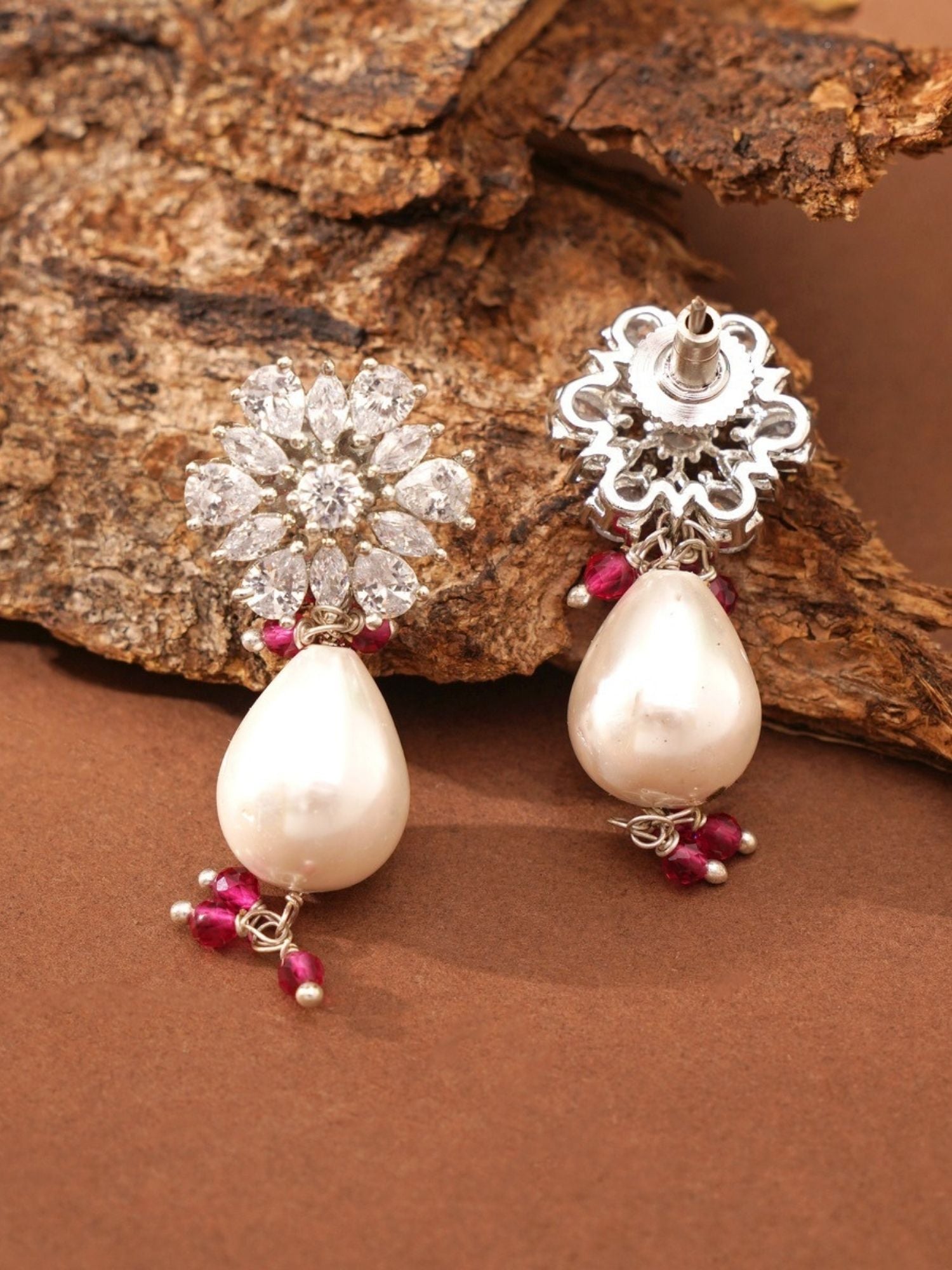 Vibrant Silver Plated Long Crystal Baroque Pearl Mala Set featuring pearl drop earrings with red bead accents