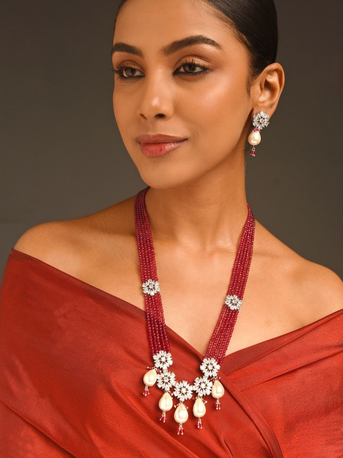 Vibrant Silver Plated Long Crystal Baroque Pearl Mala Set worn by woman in red off-shoulder dress