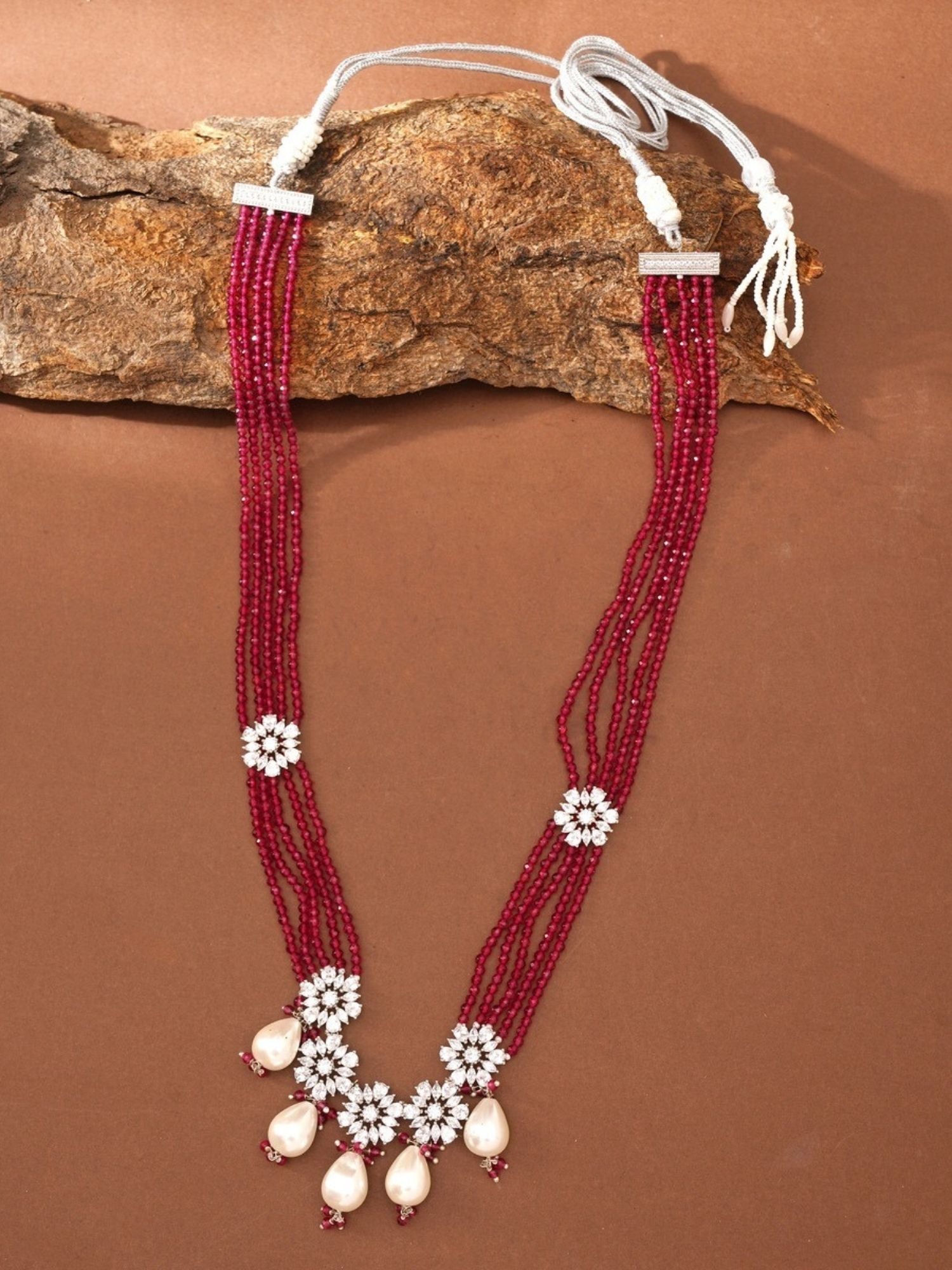 Vibrant Silver Plated Long Crystal Baroque Pearl Mala Set with red beads and floral silver accents