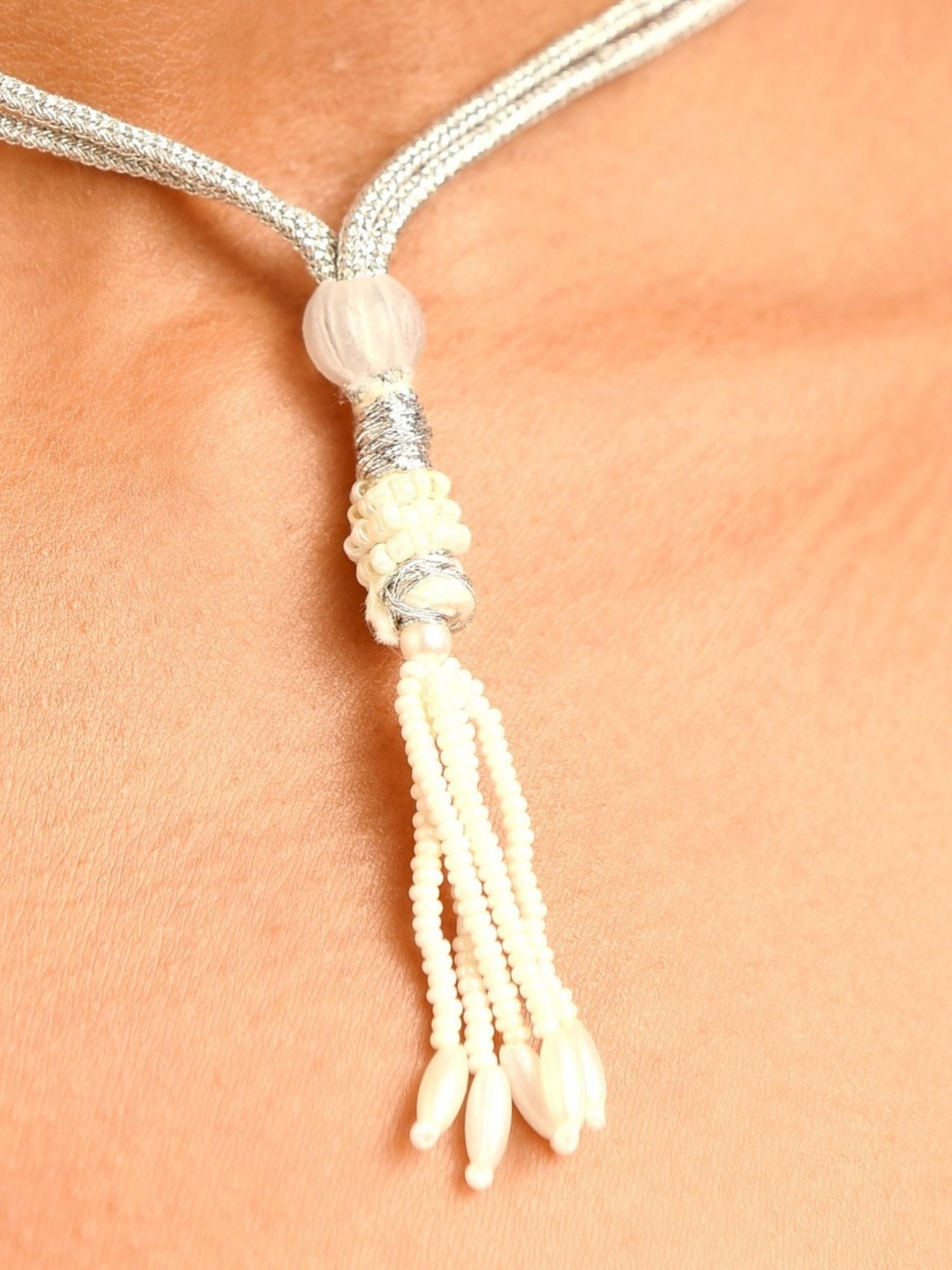 Vibrant Silver Plated Long Crystal Baroque Pearl Mala Set with delicate bead tassels on skin