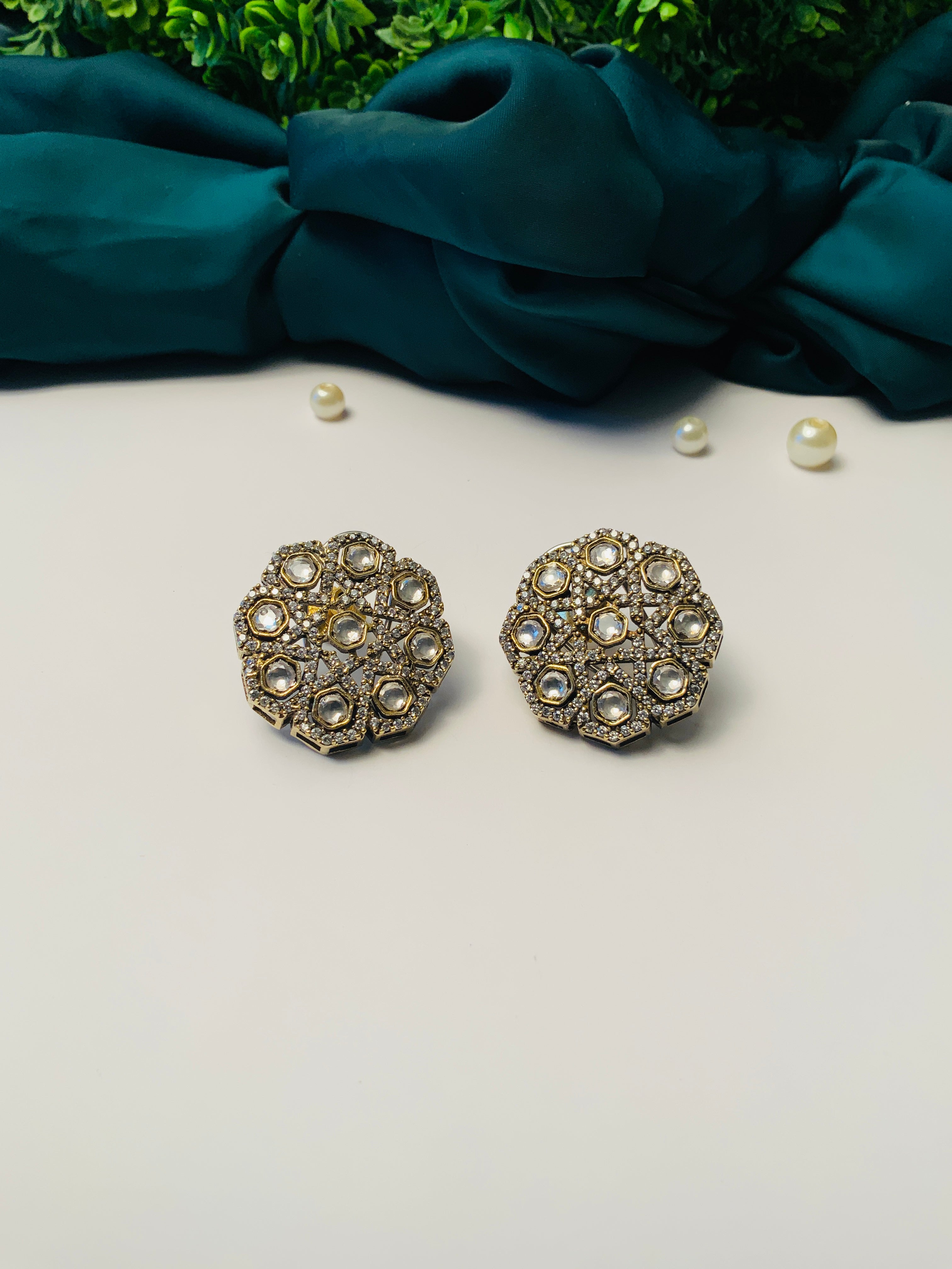 Abdesignsjewellery Victorian Polki Earring pair with intricate gold and polki stone design on white background
