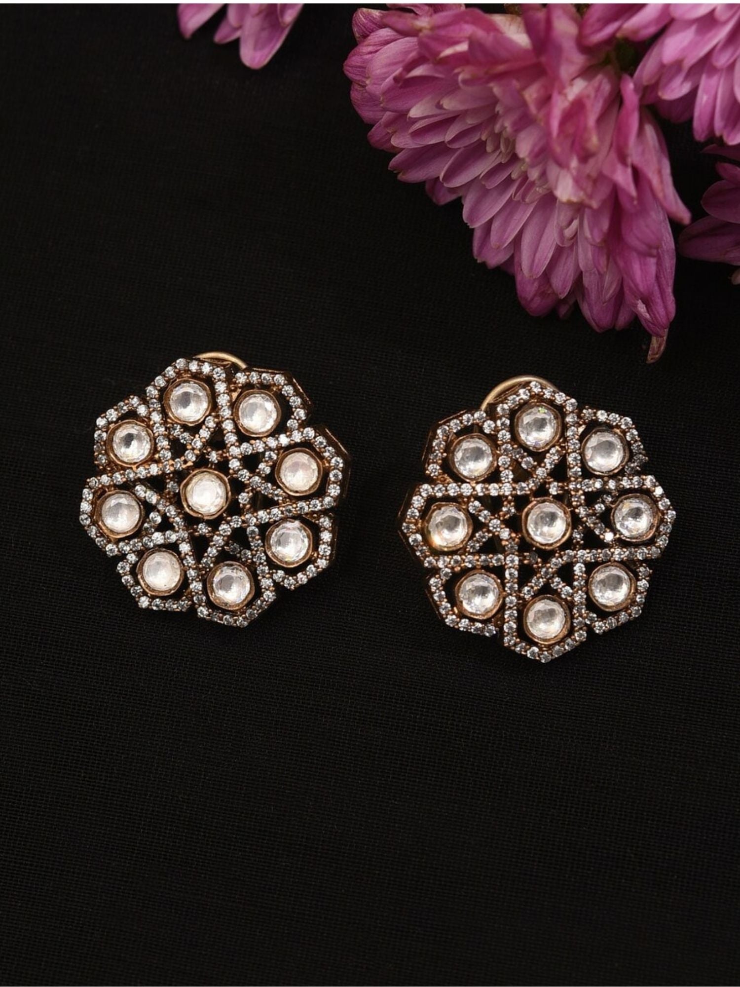 Victorian Polki Earring set with intricate antique gold and white stone design by Abdesignsjewellery