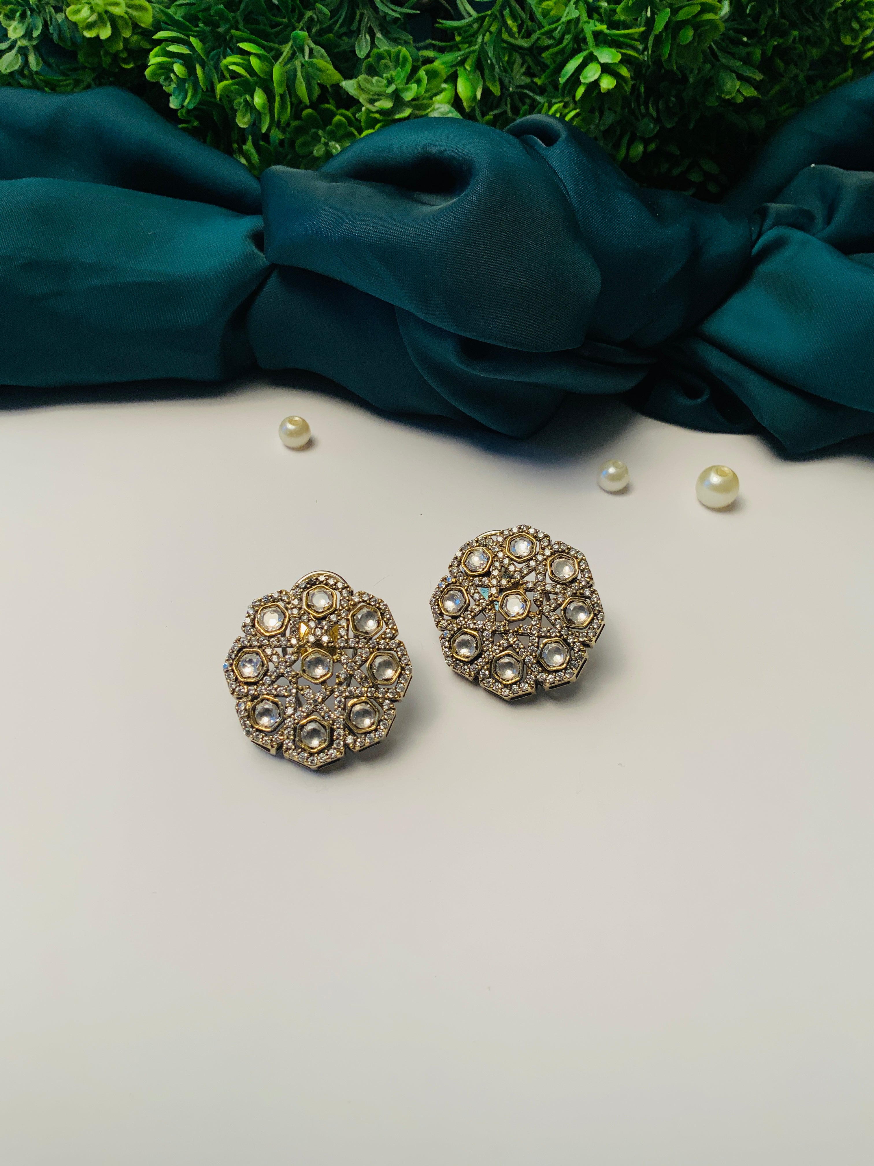Abdesignsjewellery Victorian Polki Earring pair with intricate floral design and pearl accents