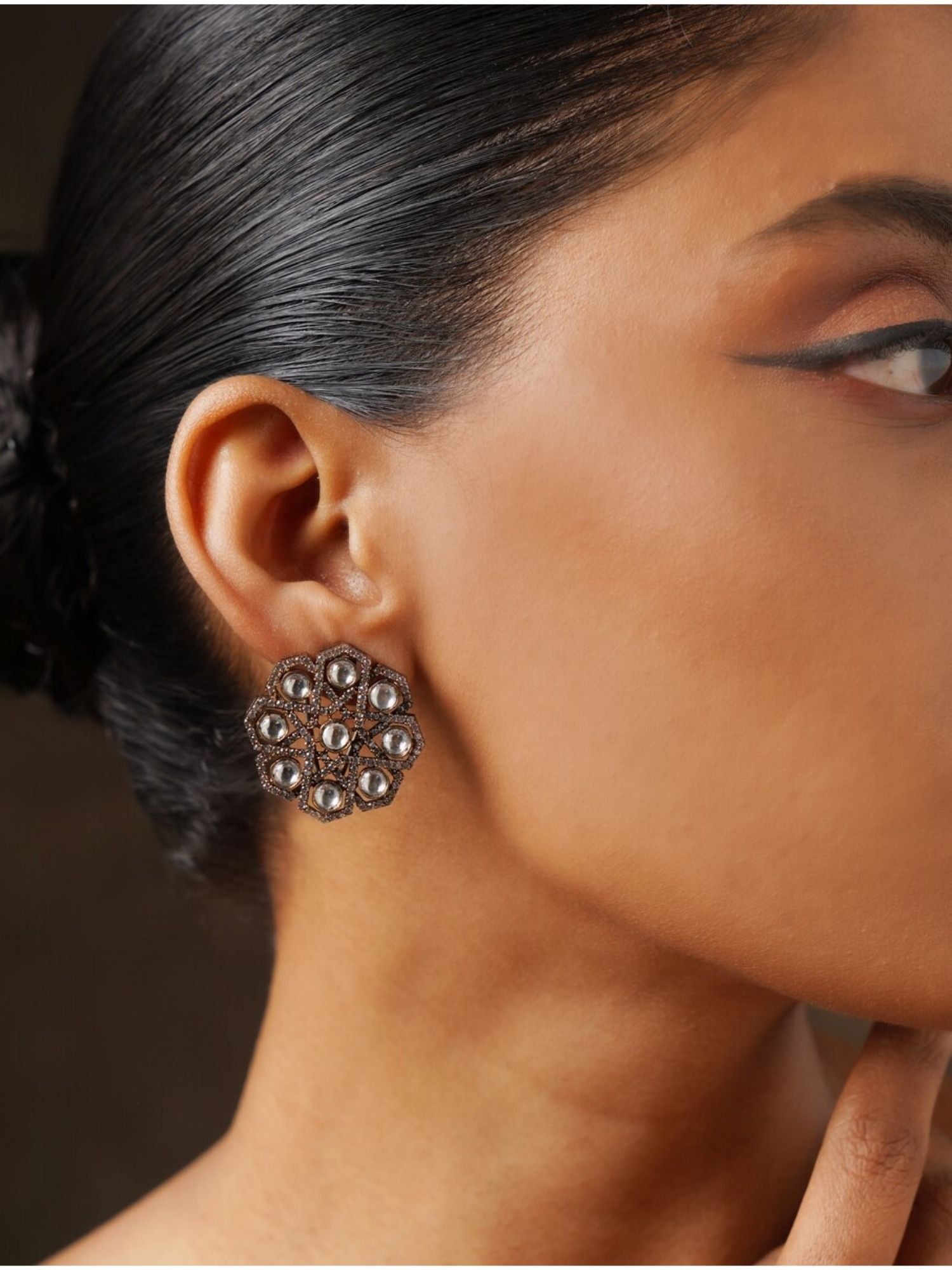 Victorian Polki Earring by Abdesignsjewellery worn on model with intricate floral design