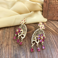 Thumbnail for Pink One Flower Drop Shape American Diamond Earrings