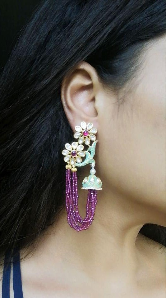 Meenakari Hanging Two Flower Pink Drop Earrings