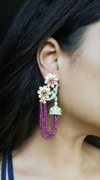 Thumbnail for Meenakari Hanging Two Flower Pink Drop Earrings