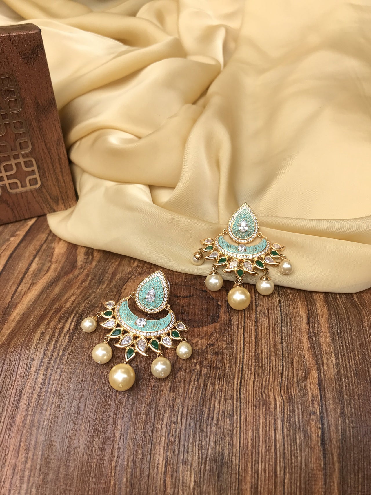 Gold Plated Kundan & Sky Blue Pearl Drop Earring