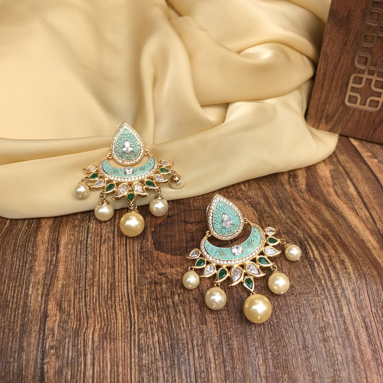 Gold Plated Kundan & Sky Blue Pearl Drop Earring