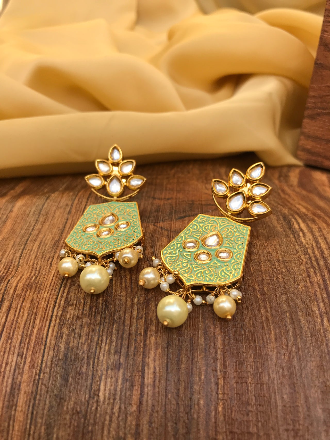 Traditional Gold Plated Pista Colour Pearl Drops Earring